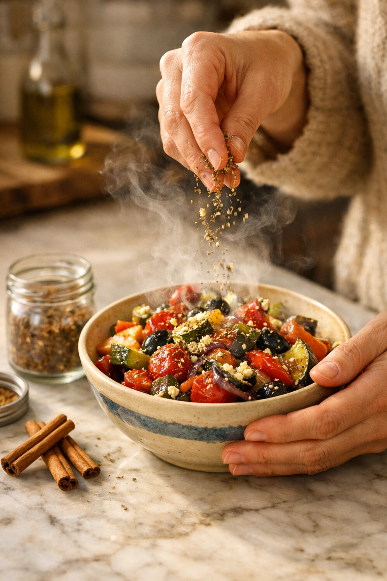 Using freshly ground Indian spices to season a bowl of roasted vegetables.