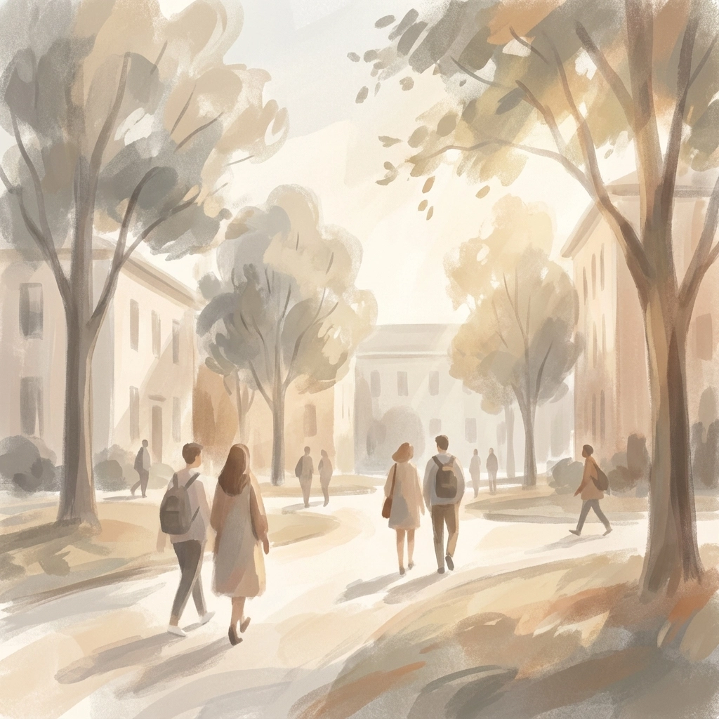 People with backpacks stroll through a tree-lined campus in soft, warm tones, surrounded by academic buildings and dappled sunlight.