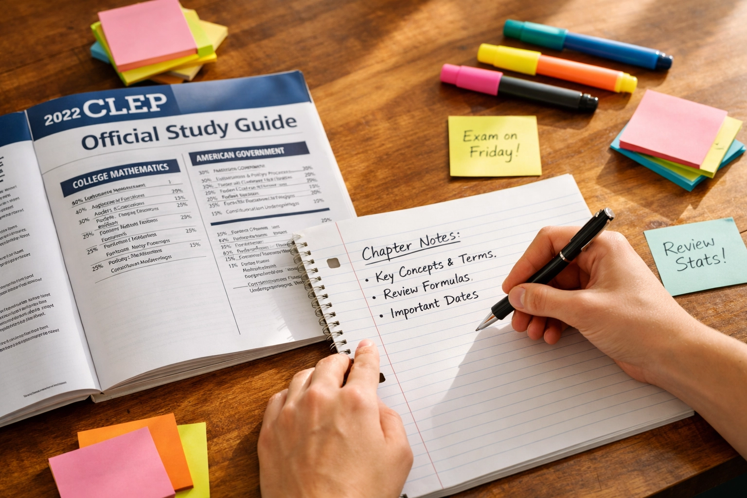 Hands writing study notes from official CLEP study guide with highlighters and sticky notes