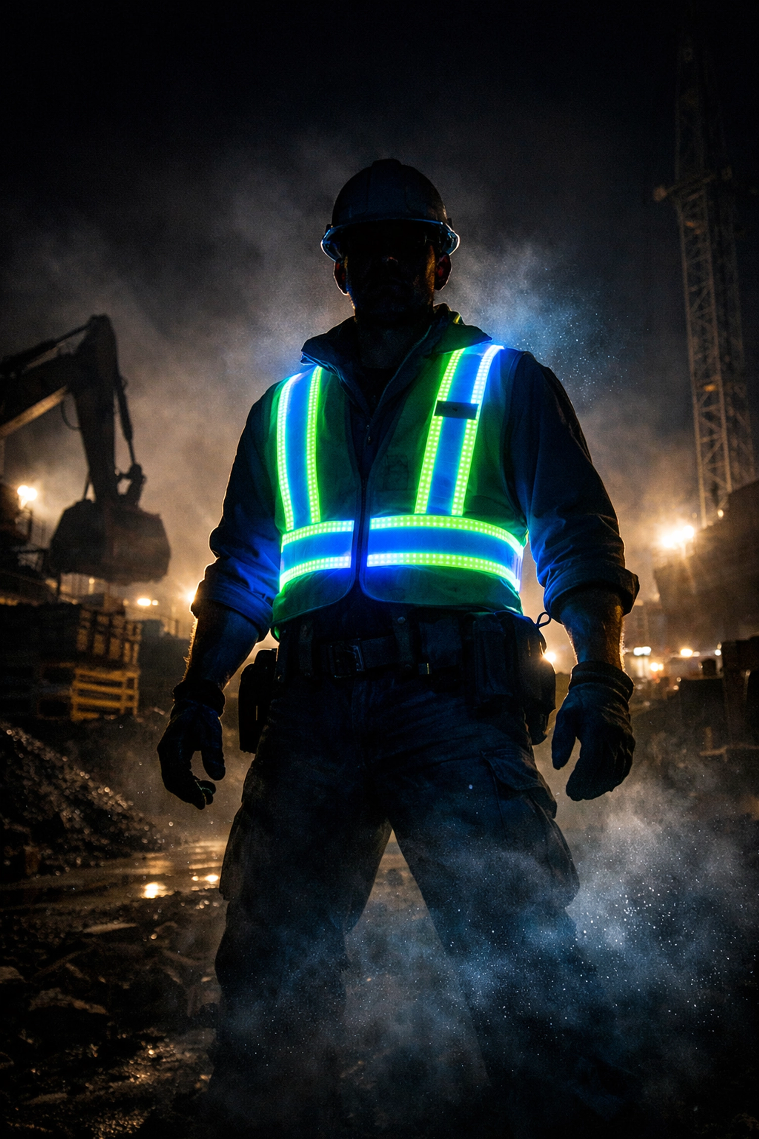 Construction worker wearing LED safety vest at night with equipment in dark shadows