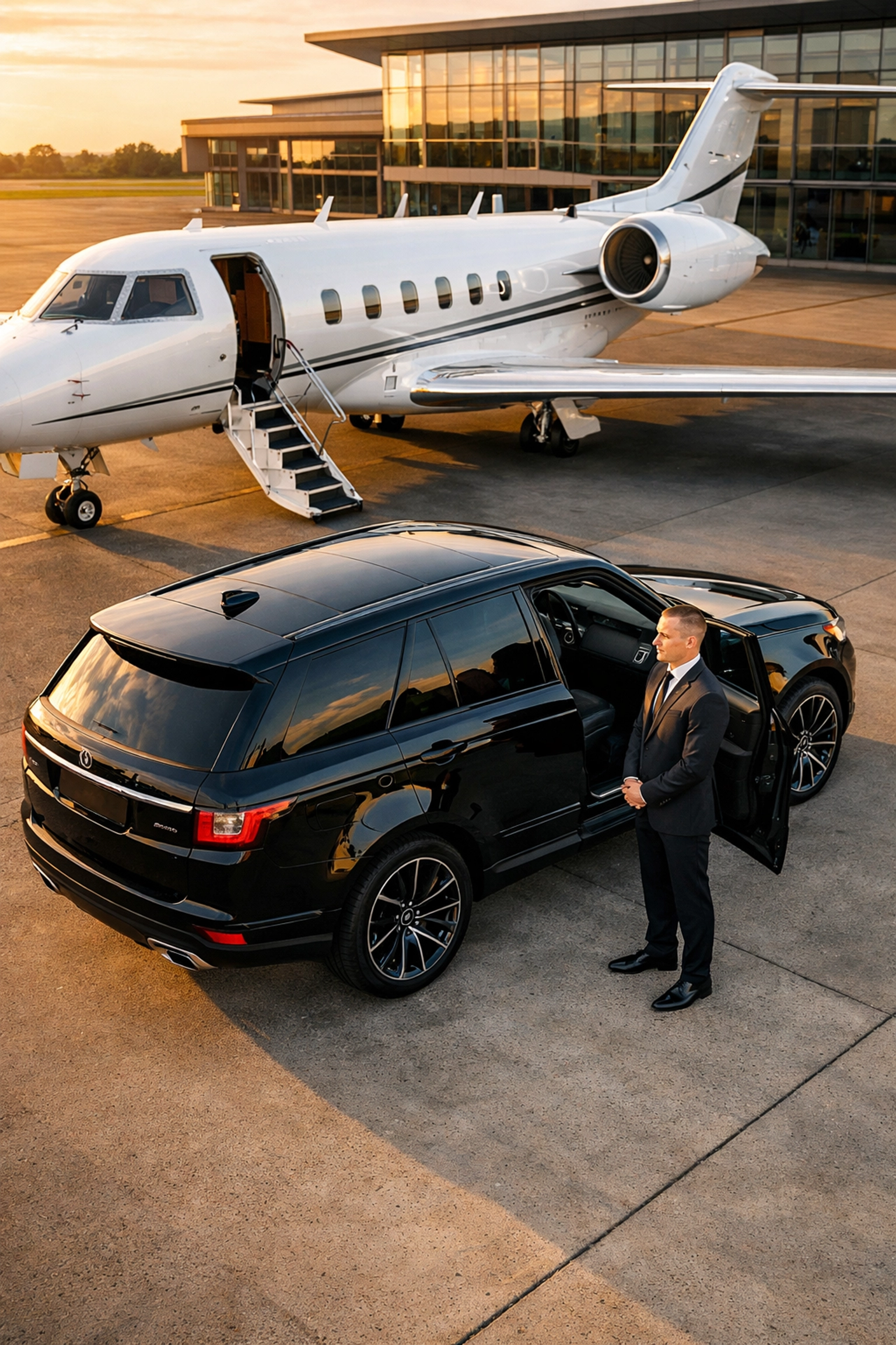 Luxury SUV and private jet at an airfield representing premium VIP executive travel services.
