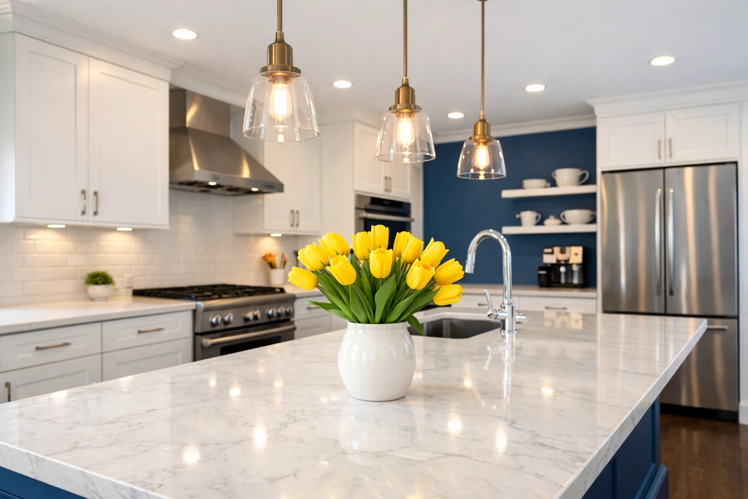 Professional house cleaning in Pepperell MA showing a sparkling modern kitchen with marble countertops.