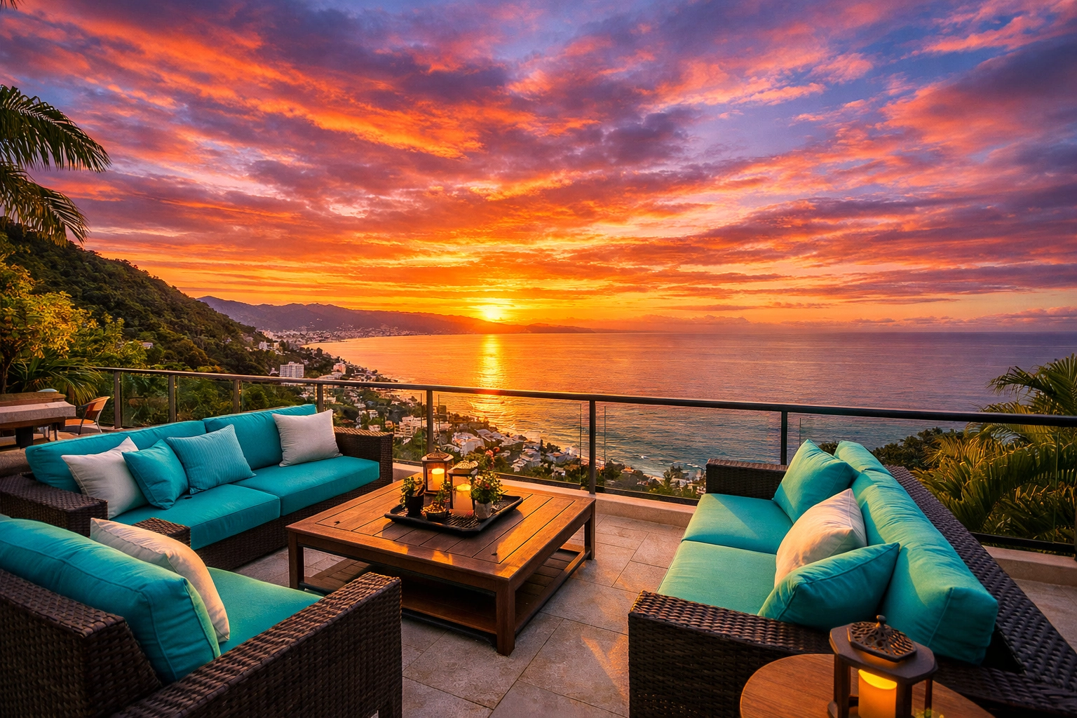 Amapas condo terrace with ocean sunset views over Banderas Bay Puerto Vallarta