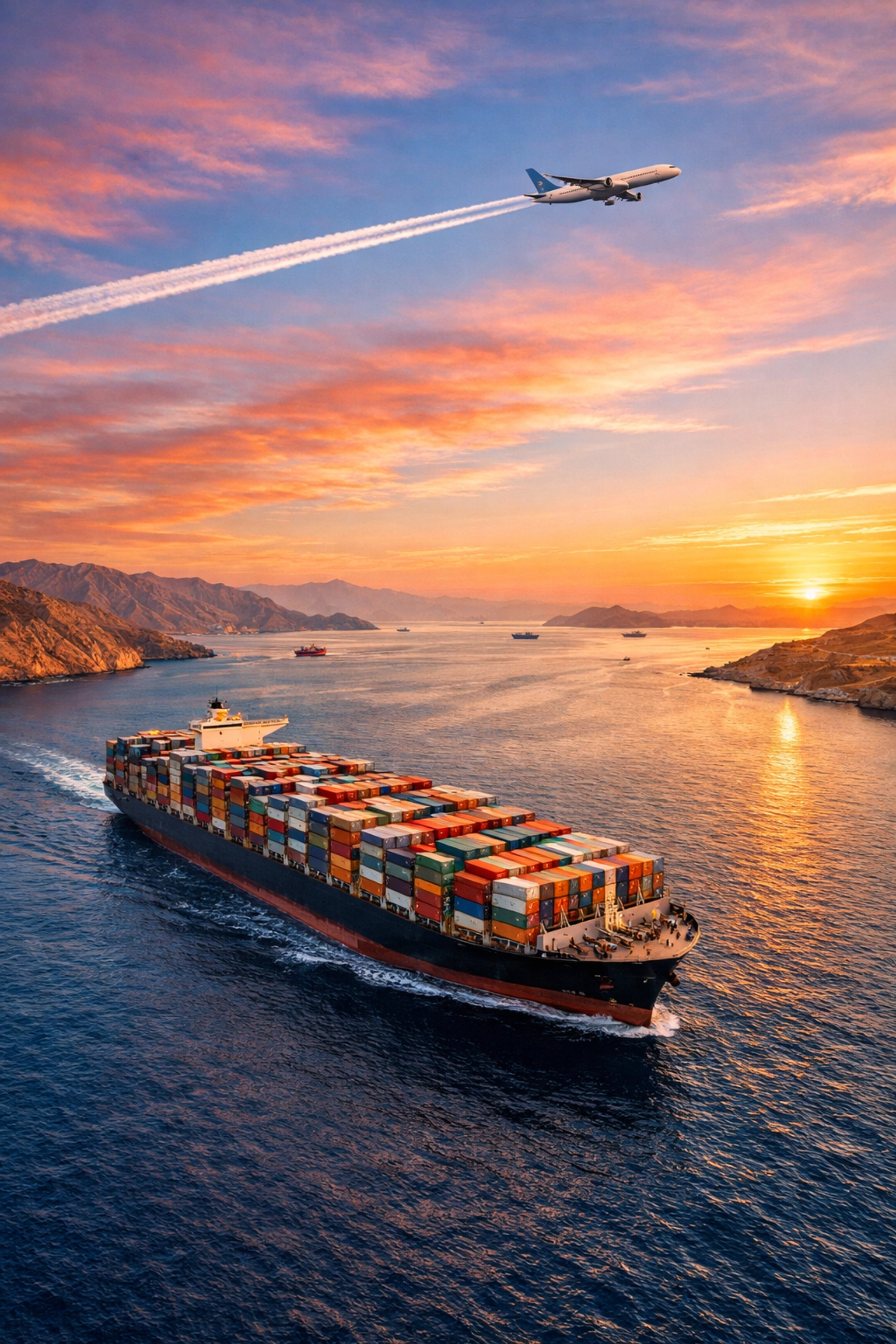 Cargo ship and plane at the Strait of Hormuz representing trade recovery and stock market today momentum.