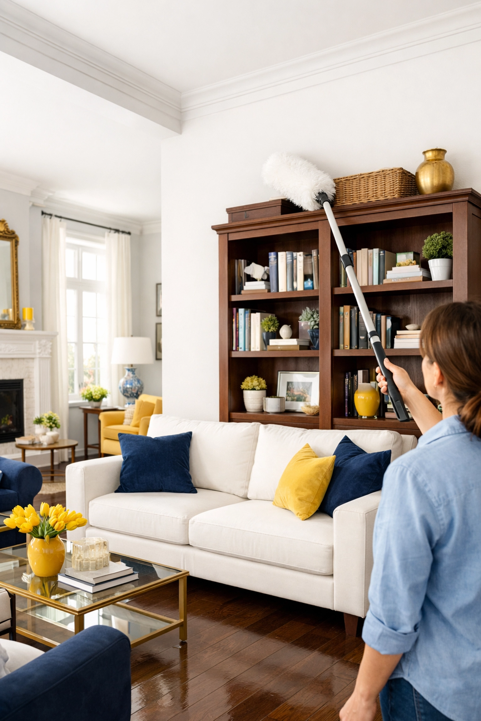 Worcester house cleaning professional dusting high surfaces in a bright student apartment living room.