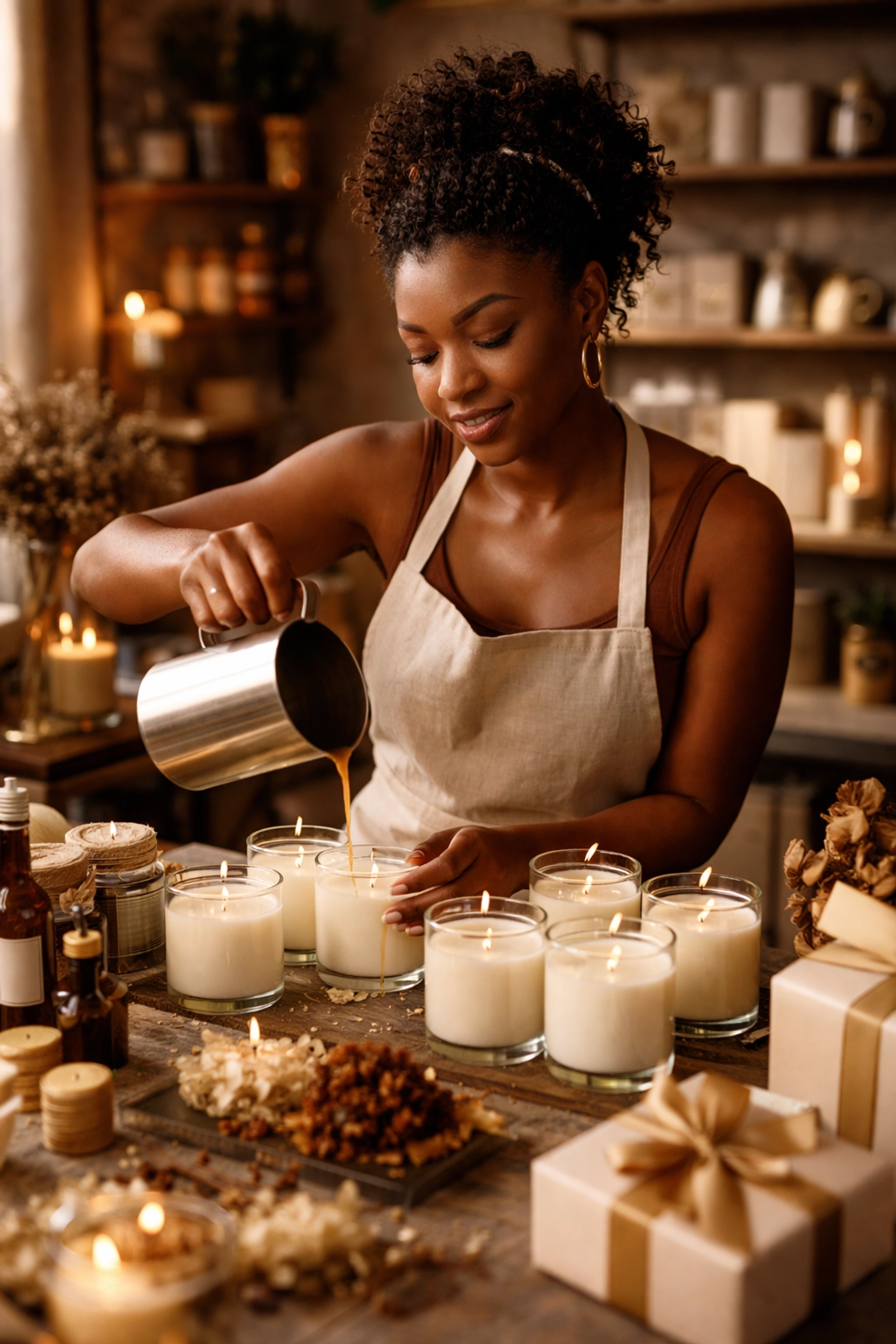 Why Everyone Is Talking About Buying Black (And You Should Too) Black woman entrepreneur hand-pouring luxury candles, showcasing Black-owned business craftsmanship.