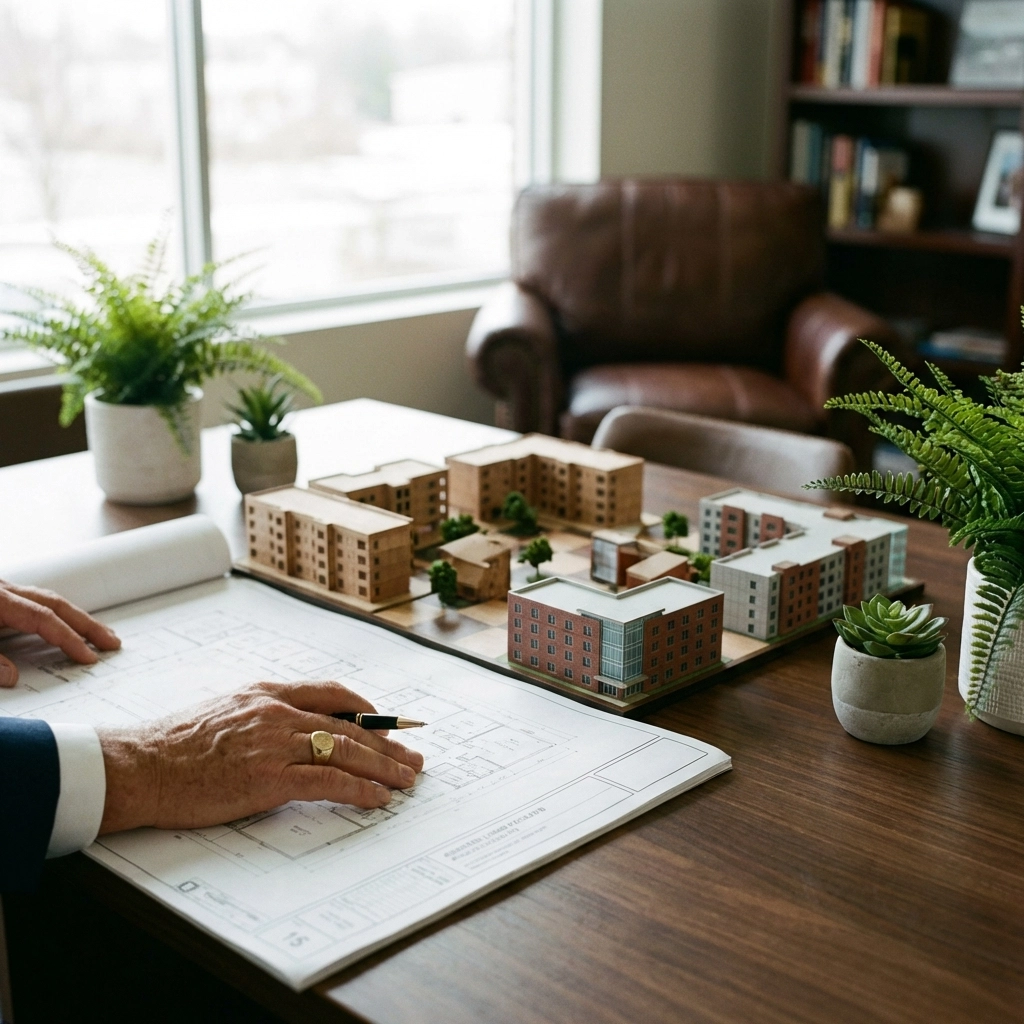 Hands evaluating blueprints and real estate models, illustrating strategic property investments for steady income.