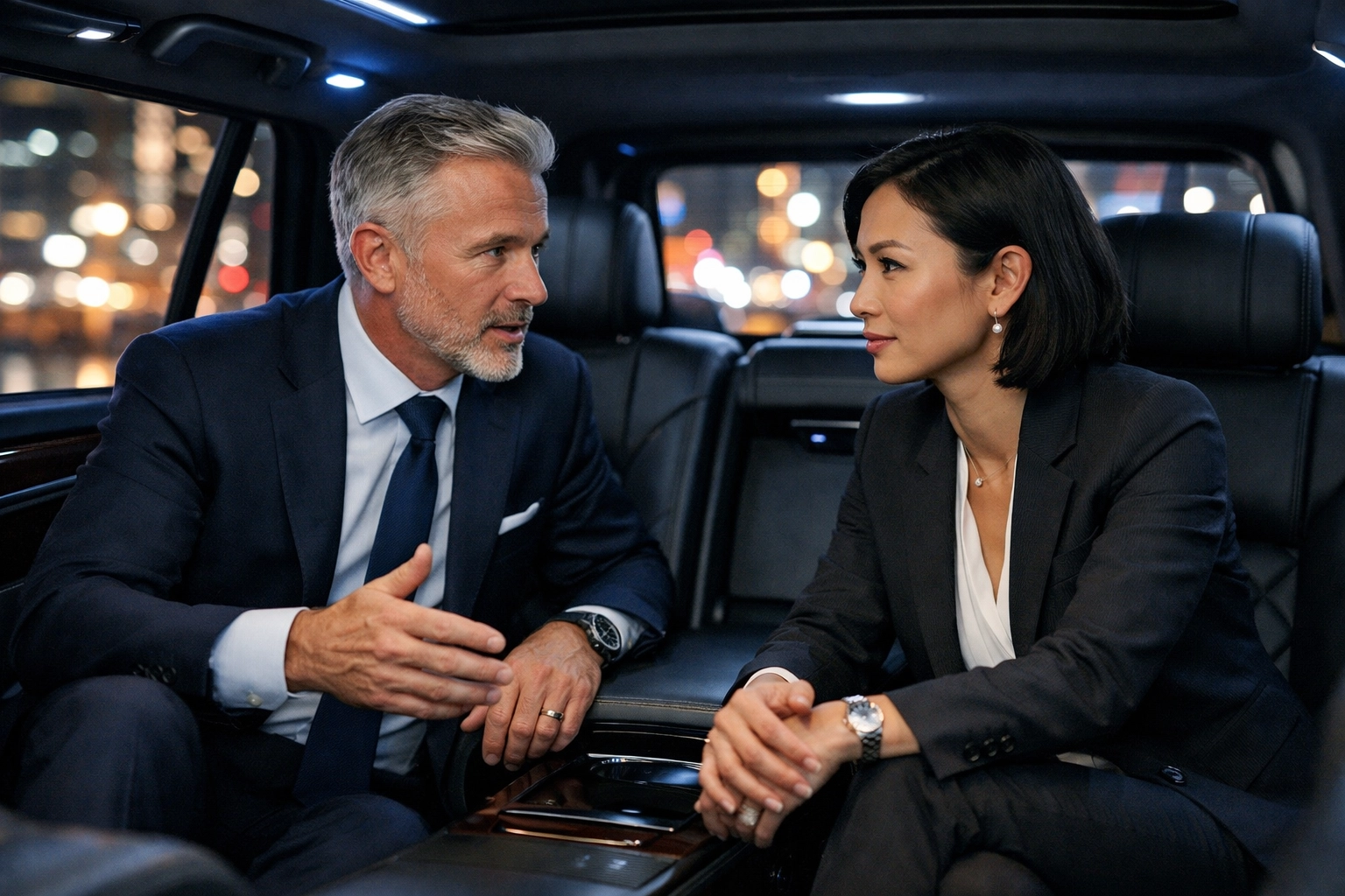 Business leaders engaging in high-stakes networking inside a luxury SUV during a corporate travel event.