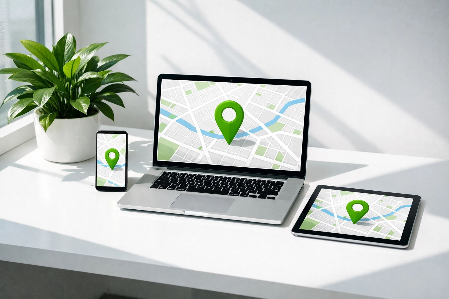 Multiple devices displaying consistent local map locations for a small business website design strategy.