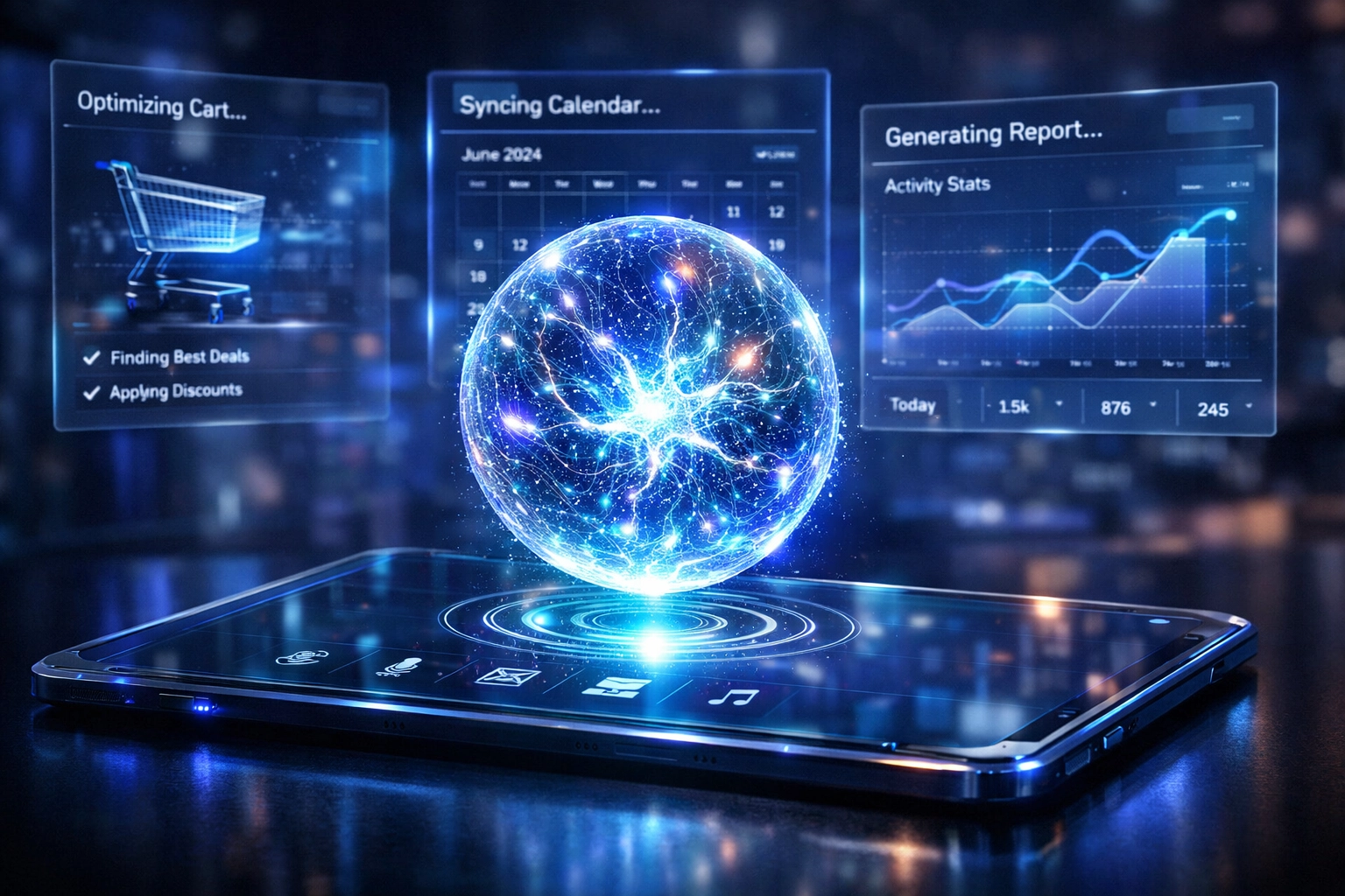 Futuristic AI digital assistant interface performing automated tasks and hyper-personalized marketing on a tablet.