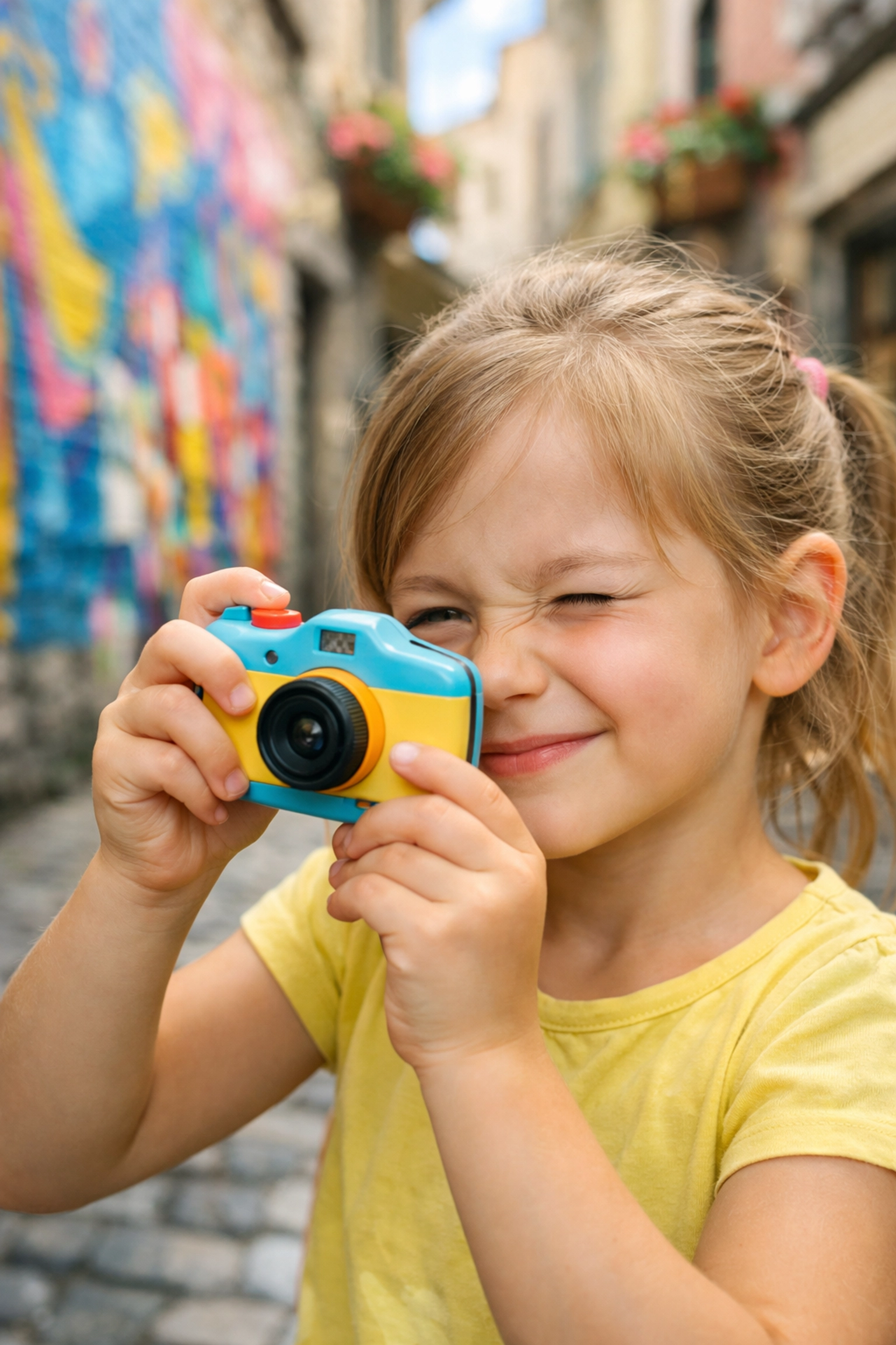 A young girl with a camera, capturing memories through fun travel photography activities for kids.