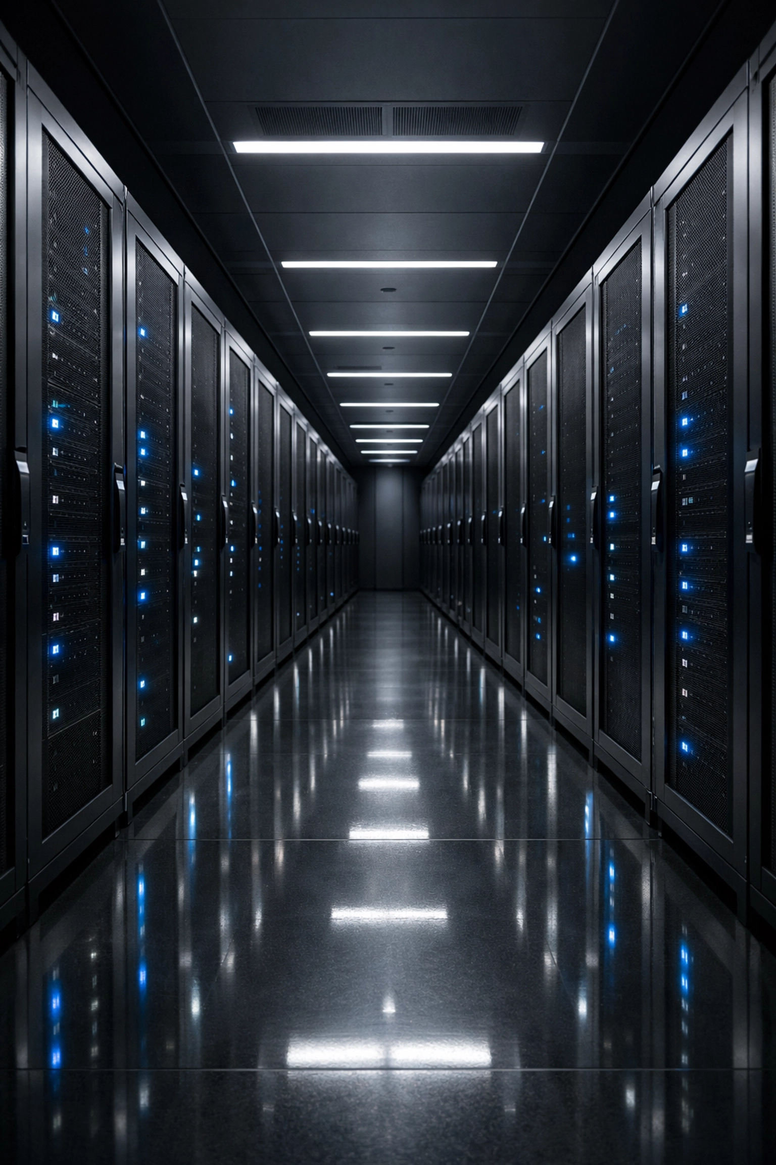 Modern data center server racks representing efficient tiered storage for media asset management.