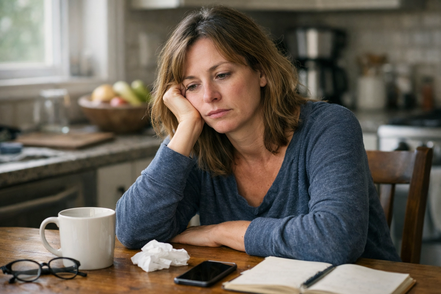 A tired woman experiencing brain fog and fatigue while sitting at her kitchen table
