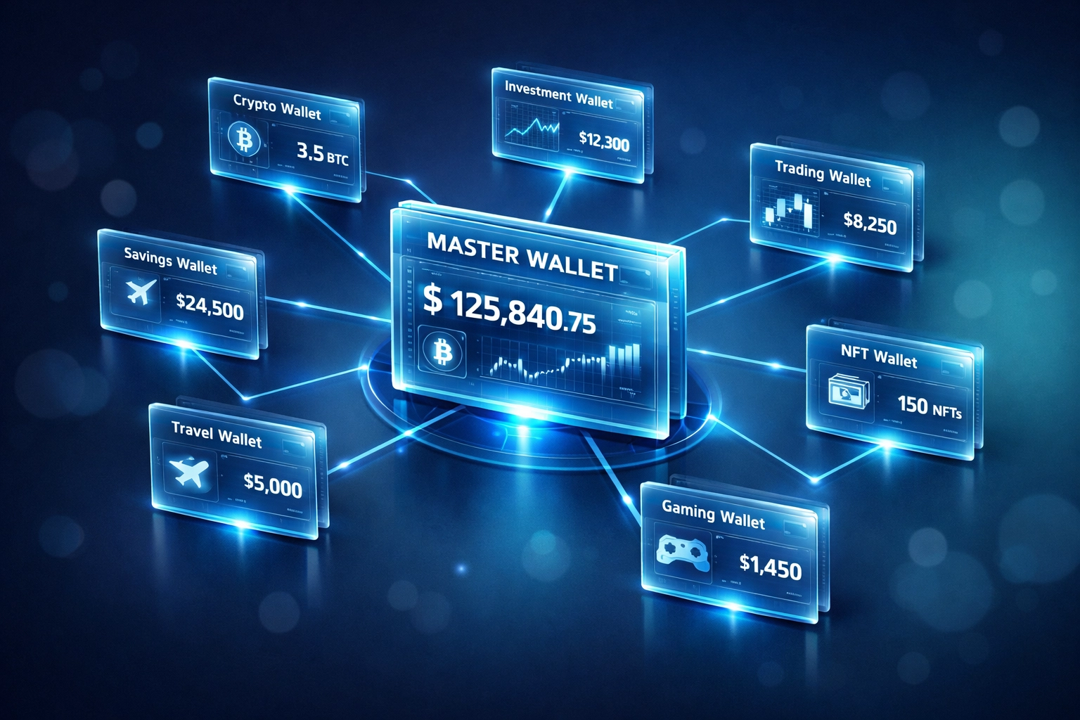 Master wallet connected to multiple sub-wallets showing enterprise blockchain management system