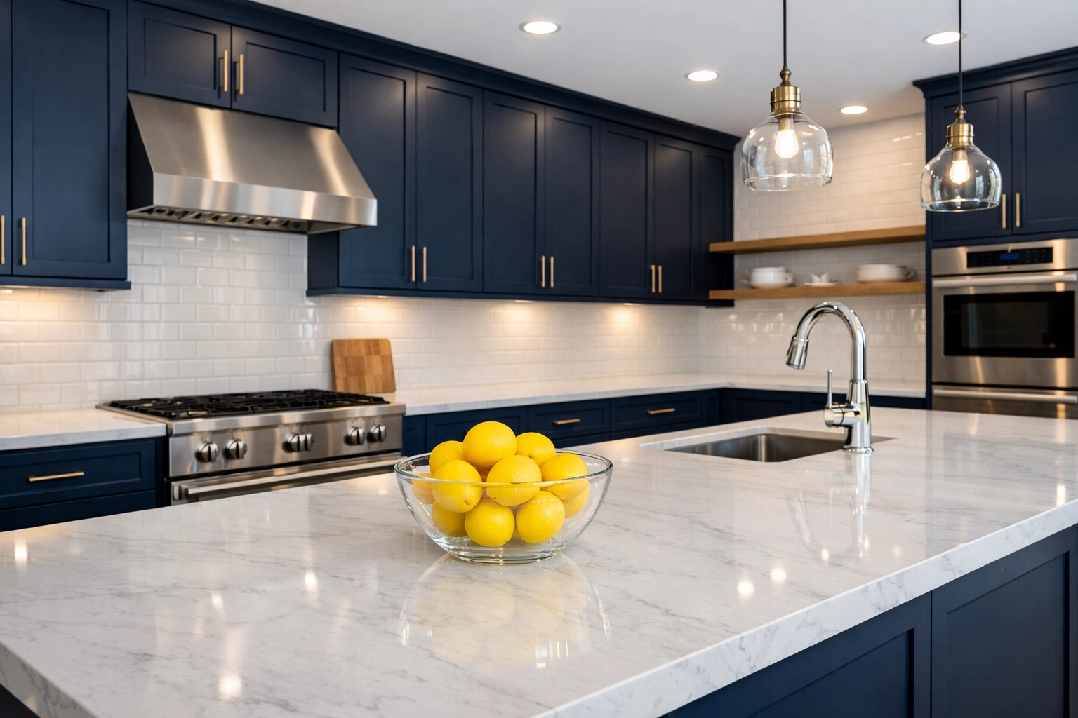 A sparkling clean luxury kitchen with marble countertops after professional house cleaning services MA.