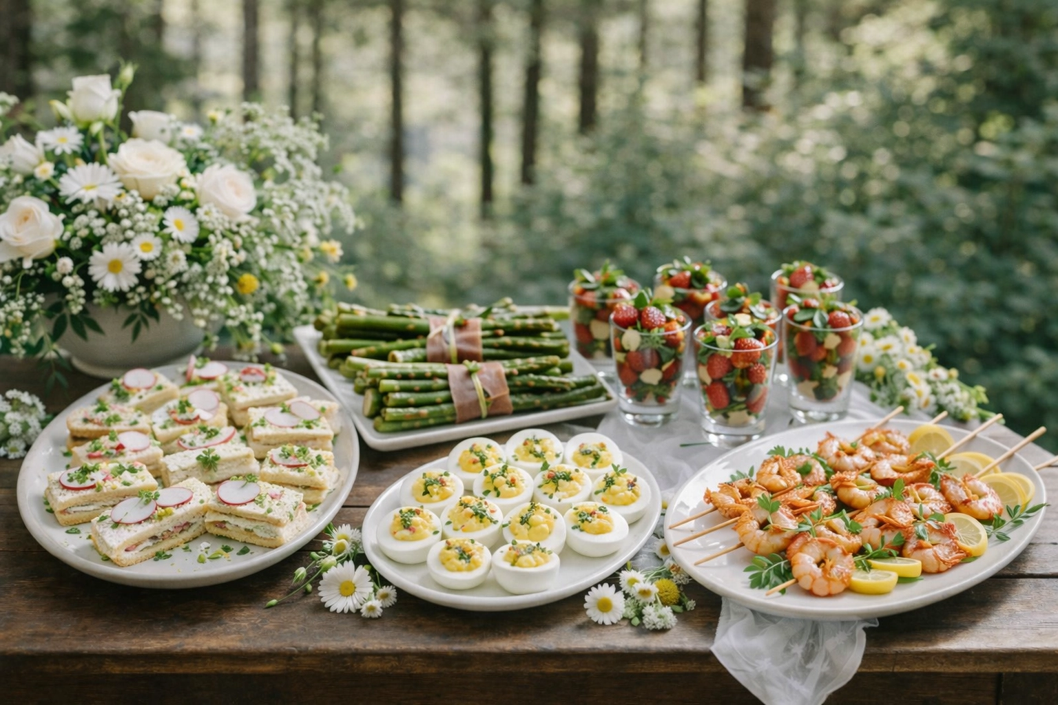Light, vibrant Southern-inspired spring wedding appetizer spread with radishes, asparagus bites, and strawberry-forward salad cups set outdoors in the Pacific Northwest.