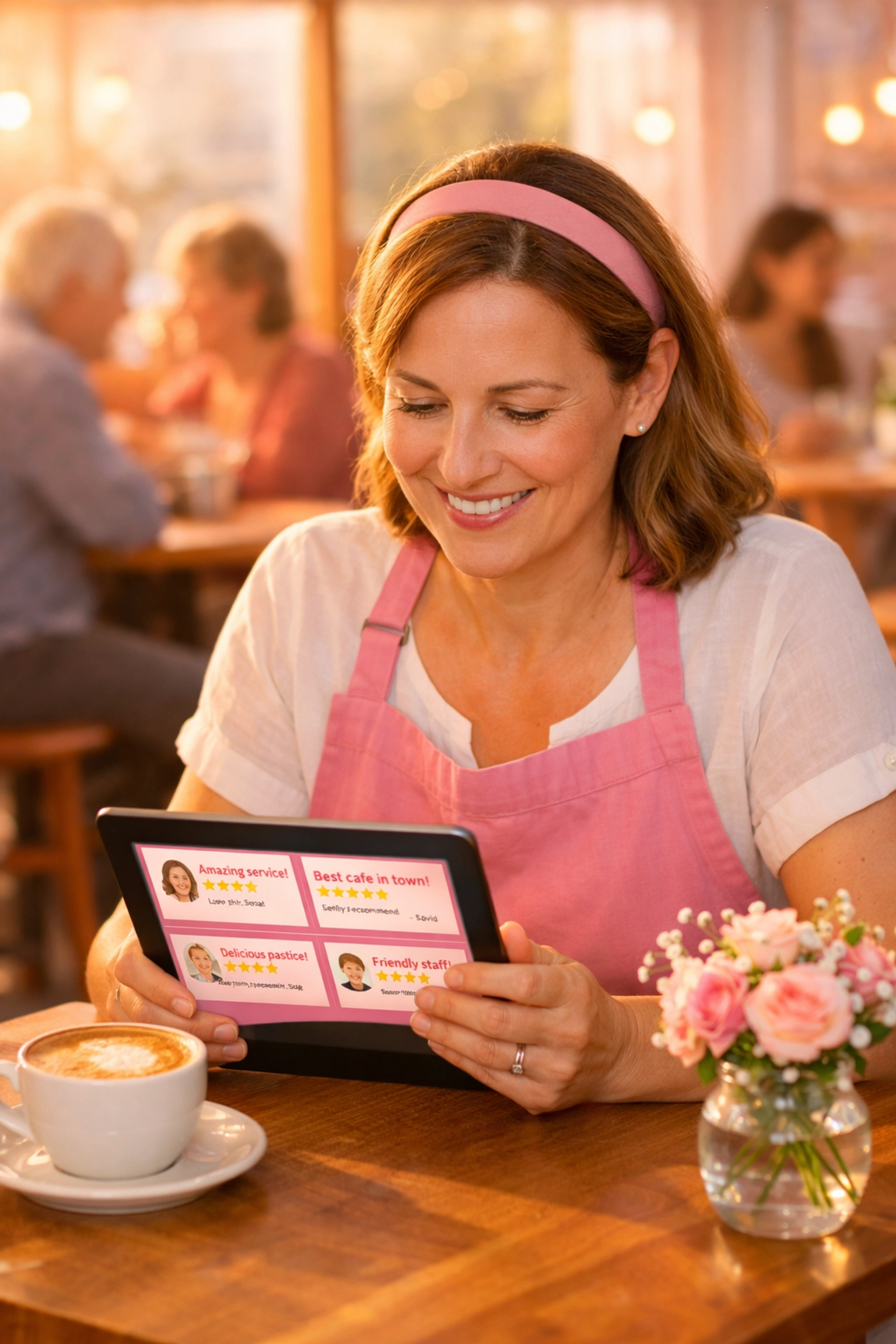Business owner reading customer testimonials and reviews on tablet at café
