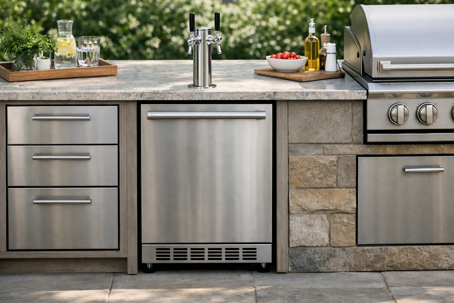 Outdoor-rated built-in stainless kegerator installed in a luxury patio kitchen