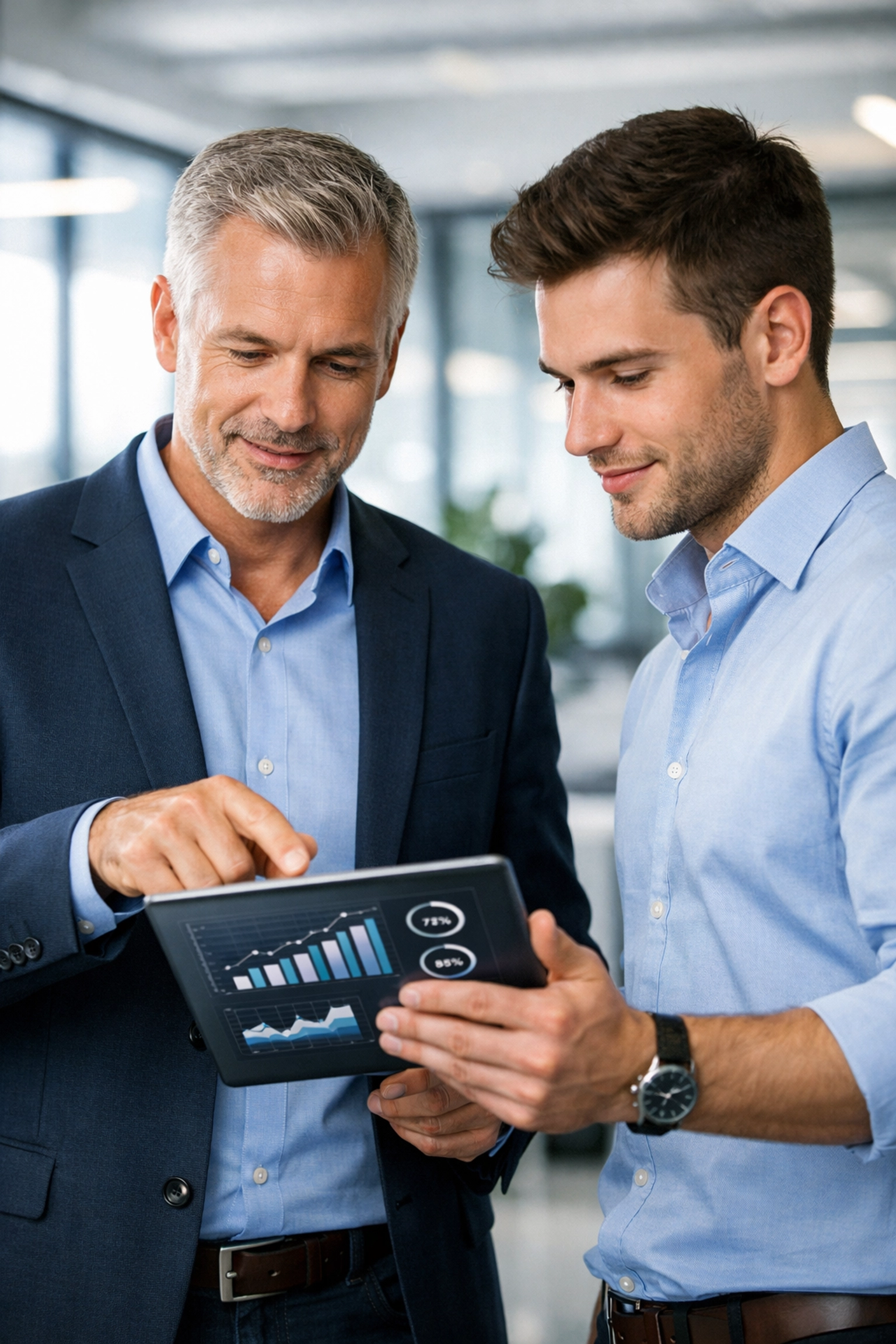 A business executive mentoring an apprentice on workforce development growth metrics in a modern office.