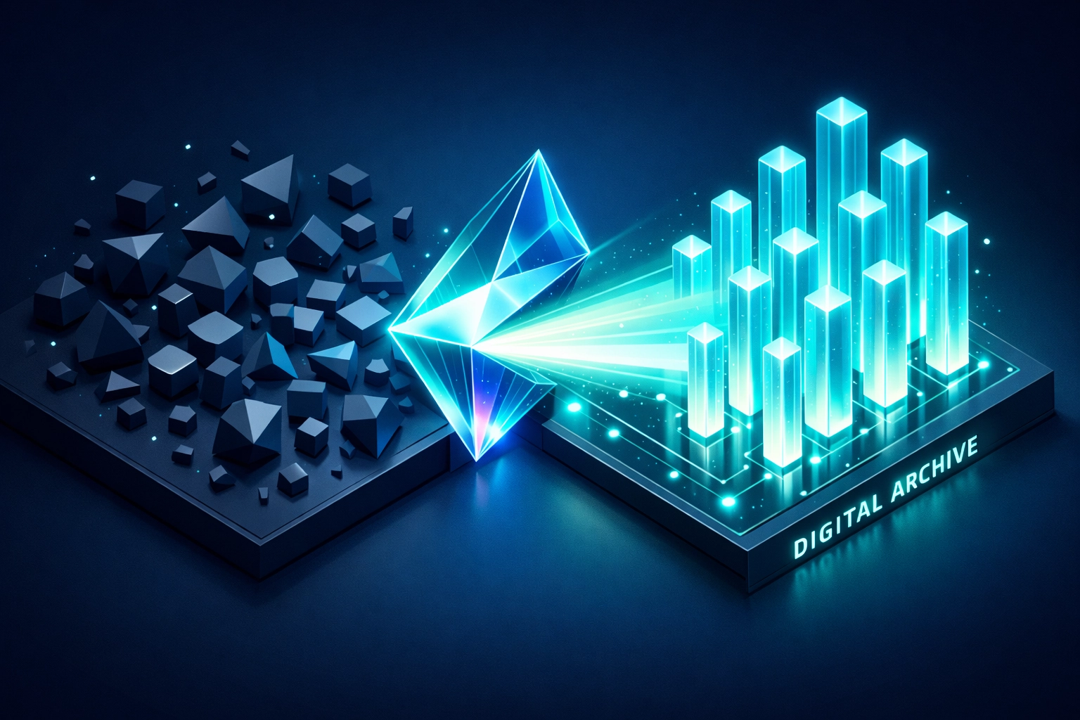 Structured digital knowledge base pillars representing organized data for AI customer support automation.