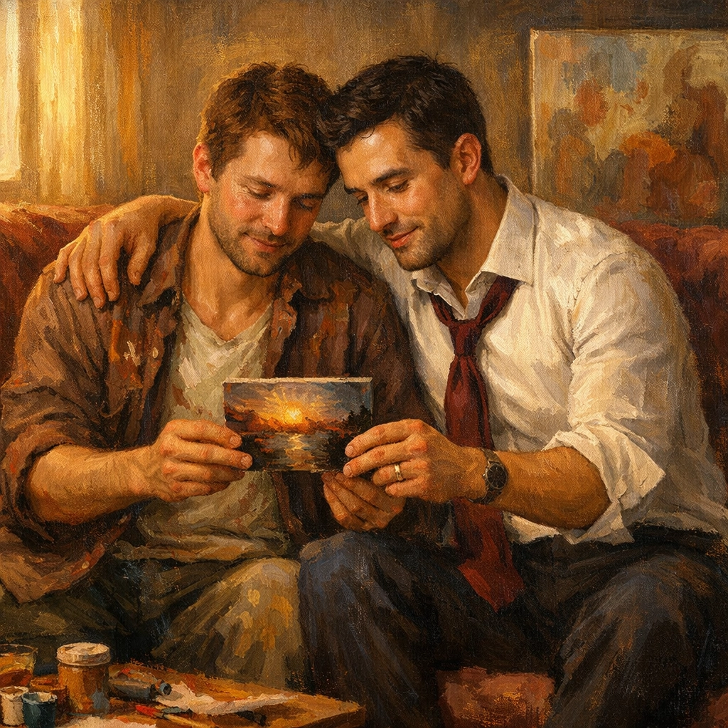 Intimate MM romance moment: artist and businessman share tender connection in art studio