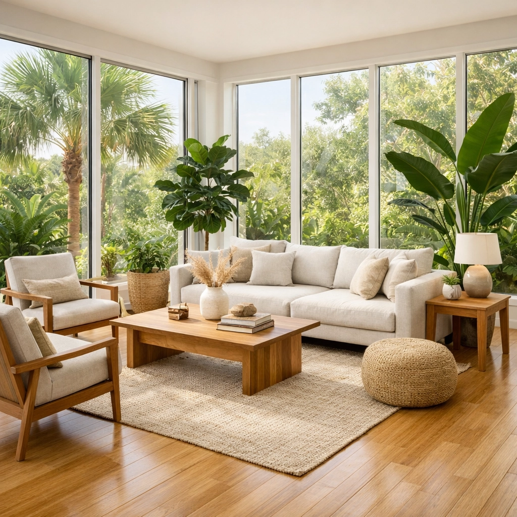 Sustainable and eco-friendly living room renovation in Orlando featuring natural lighting and bamboo floors.