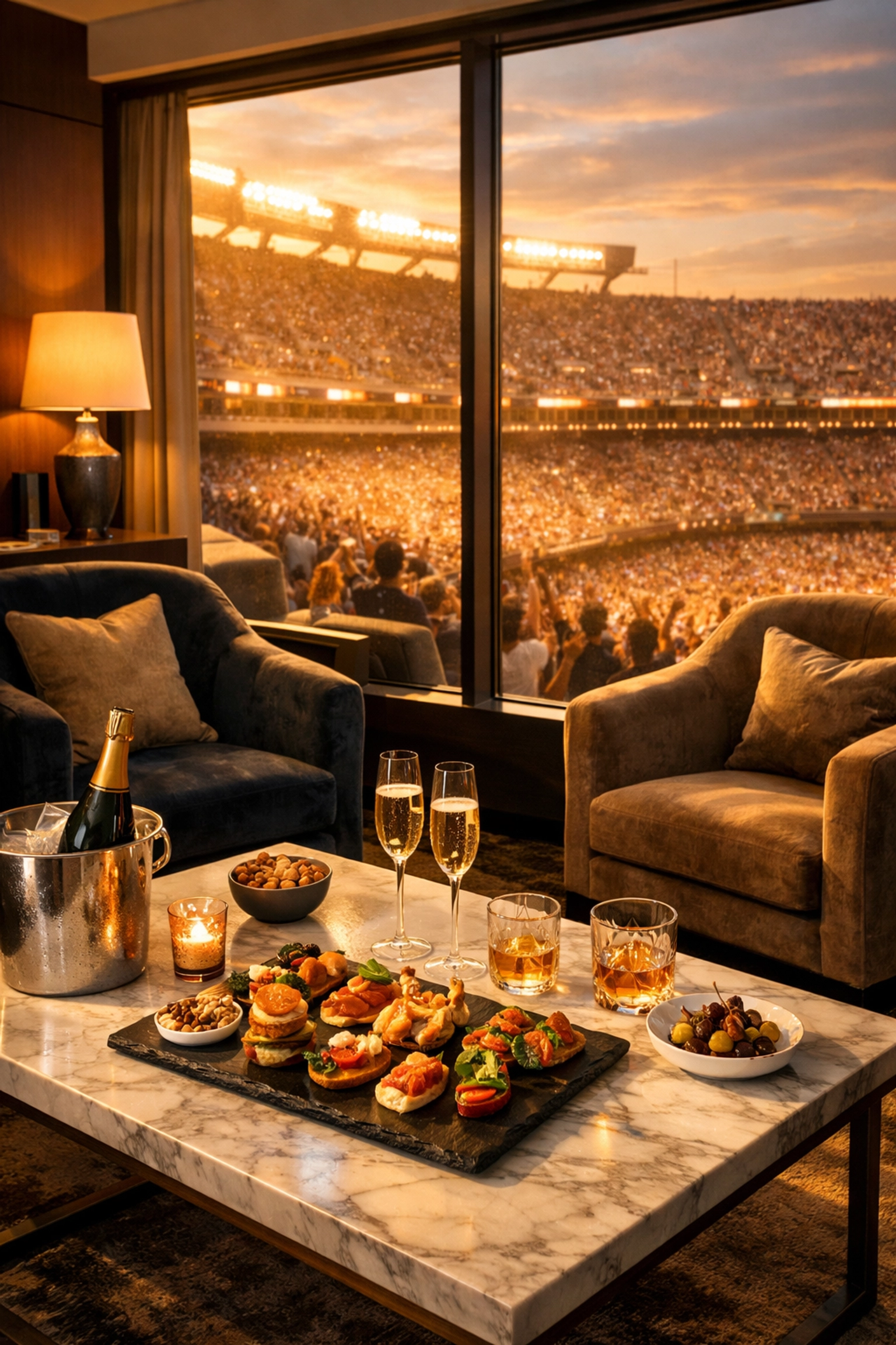A luxury Super Bowl hospitality suite with premium catering and field views for executive corporate hosting.