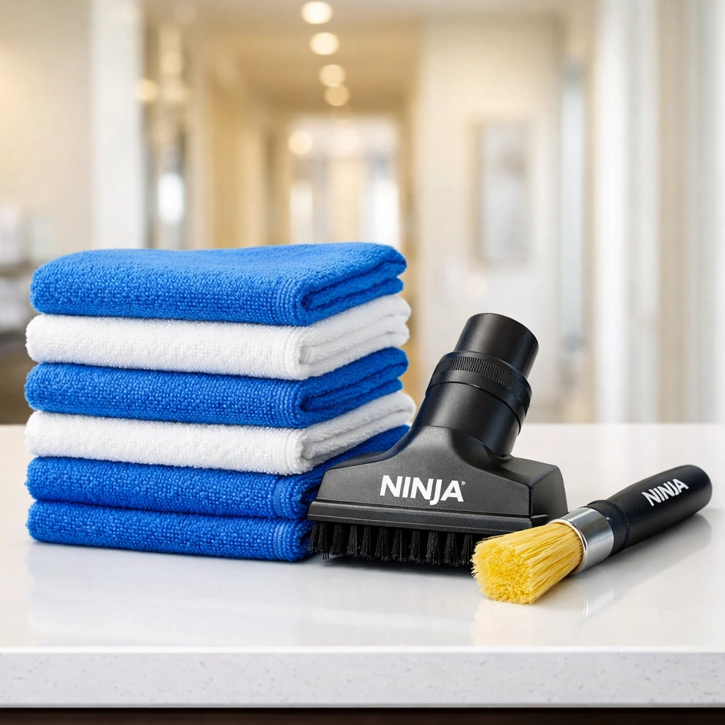 Sanitized microfiber cloths and professional tools ready for a Hudson house cleaning mission.