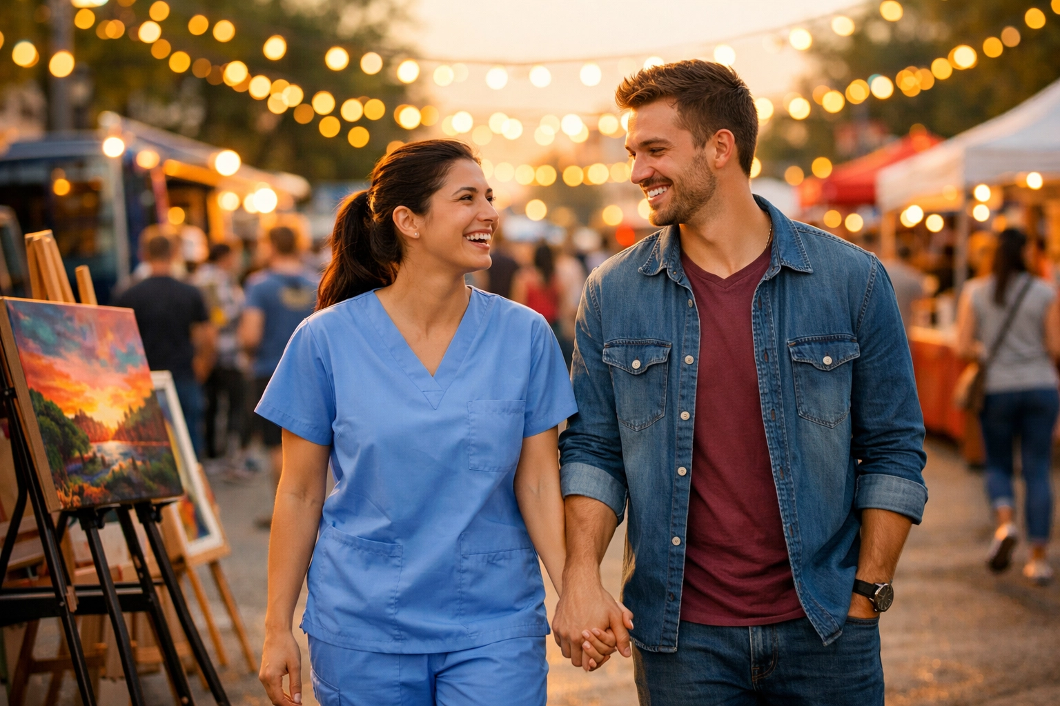Healthcare worker couple browsing art at Phoenix First Friday community event