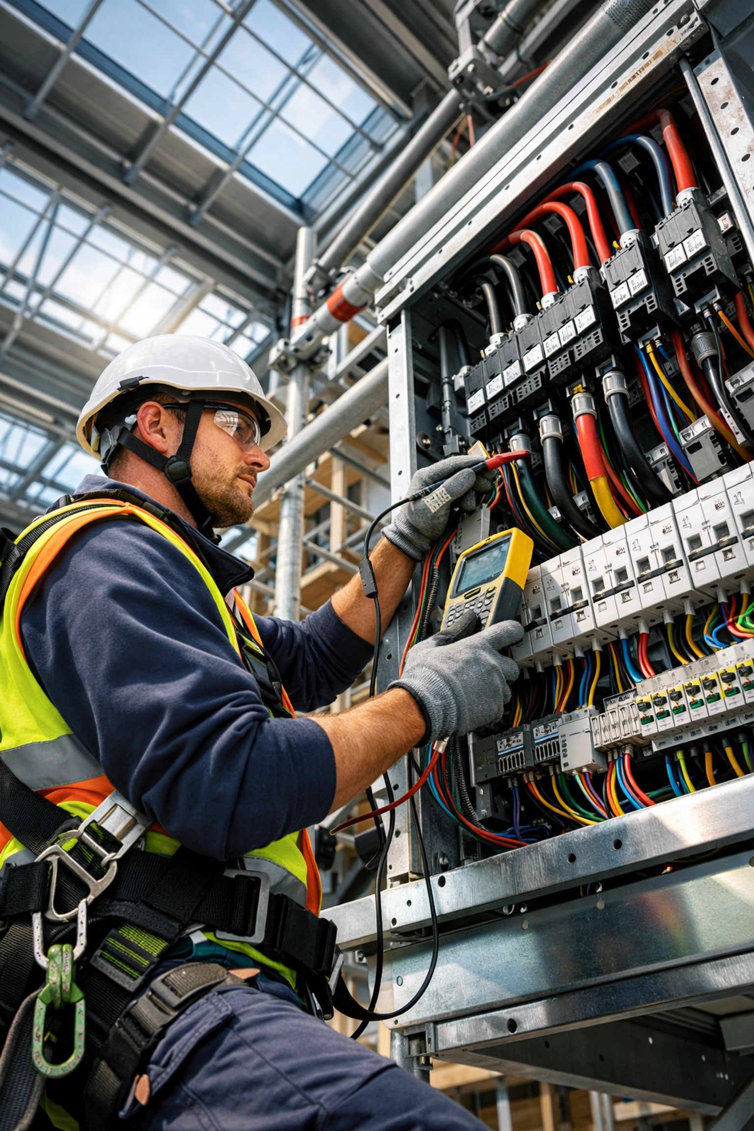 Electrical tester working at height on commercial building site with safety harness