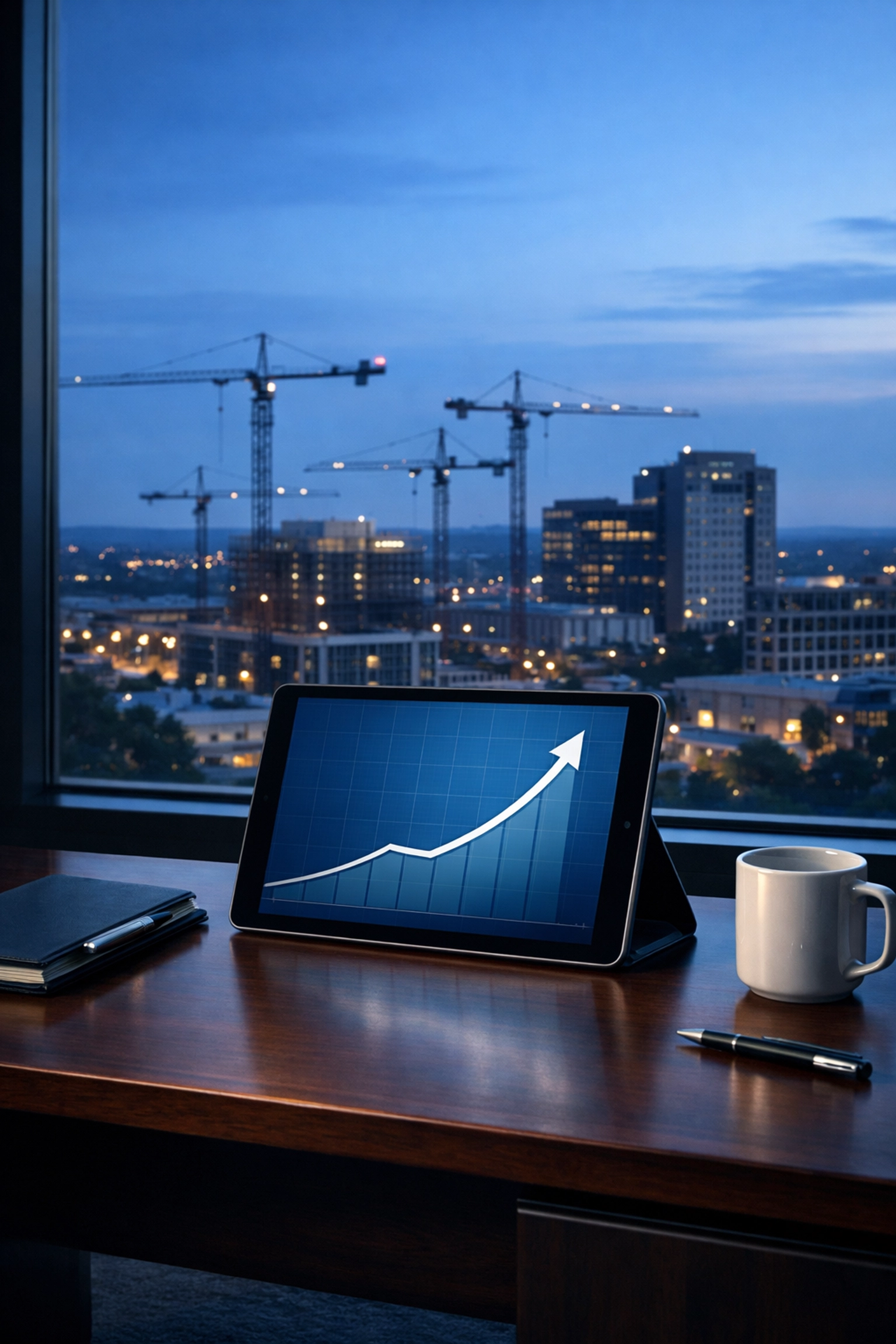Modern Alabama office view with construction cranes symbolizing record capital investment and growth.