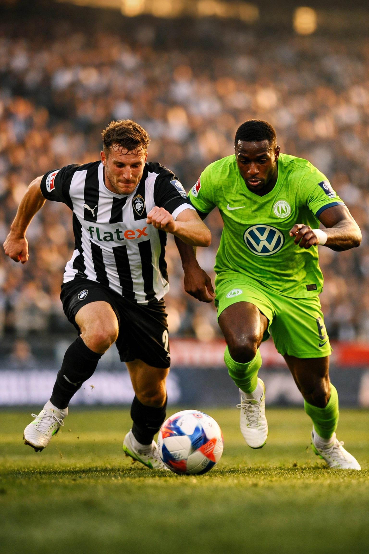 Bundesliga Zweikampf zwischen Borussia Mönchengladbach und VfL Wolfsburg Spielern