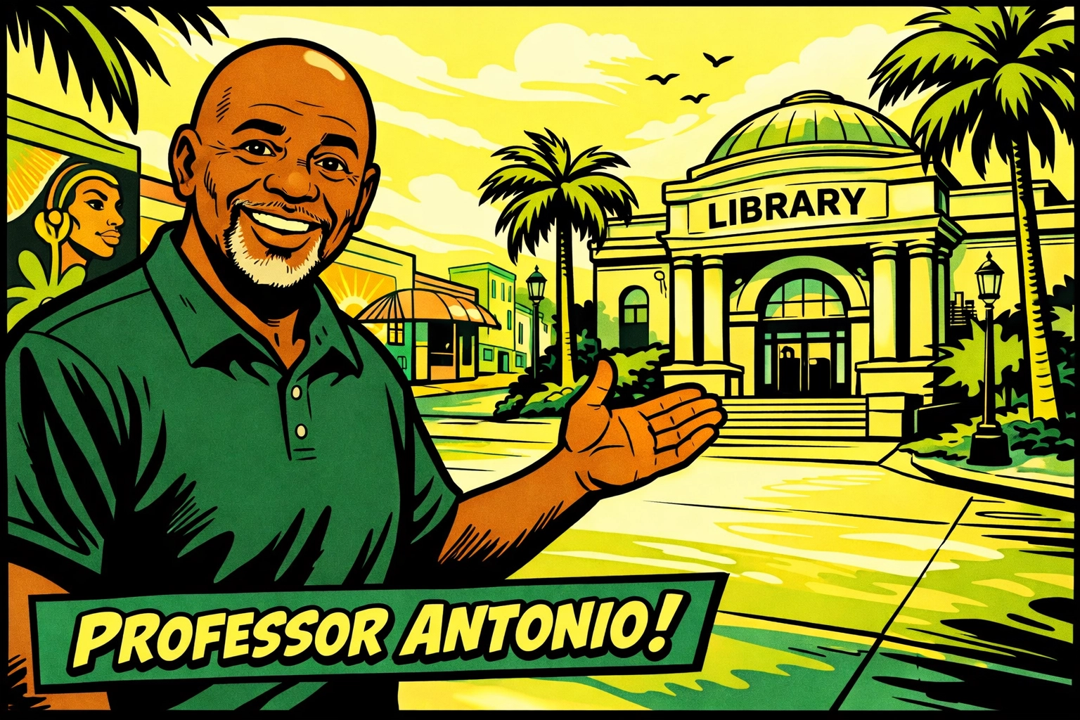 Professor Antonio in a CRC polo pointing toward a library in a St. Petersburg neighborhood.