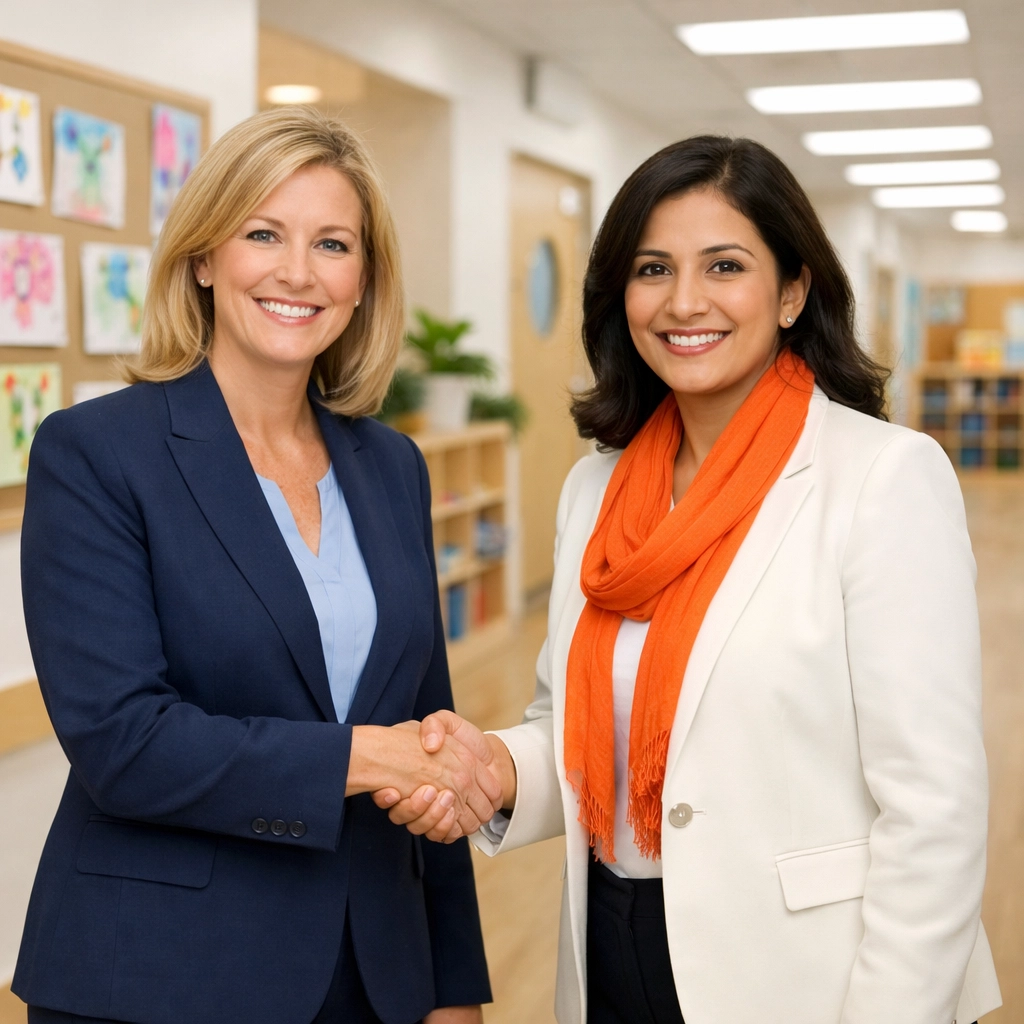 Outgoing and incoming owners shaking hands to finalize selling a preschool business and legacy.