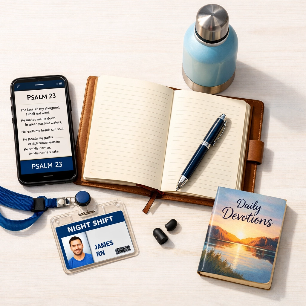 Bible, journal, and devotional essentials prepared for night shift spiritual routine