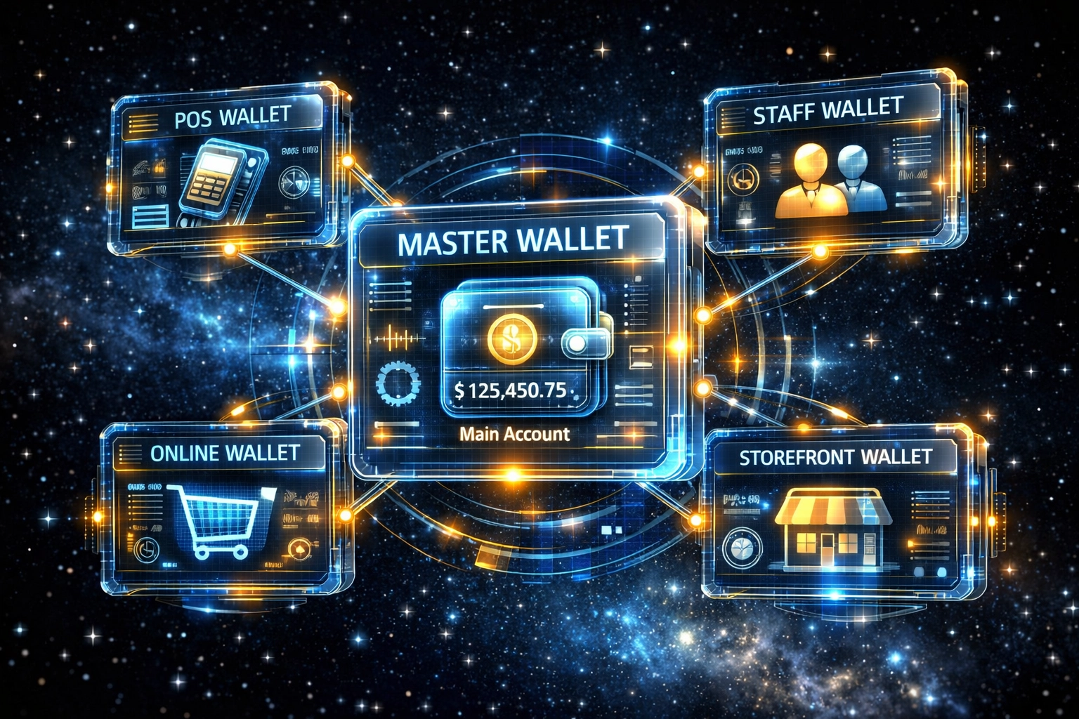 Larecoin master wallet system with connected sub-wallets for POS, staff, and storefront payment control