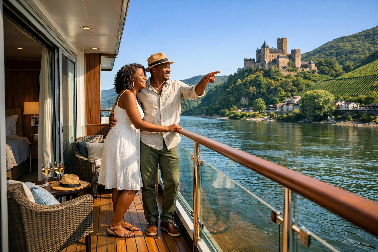 Couple admiring a European castle from the balcony of their luxury river cruise suite.