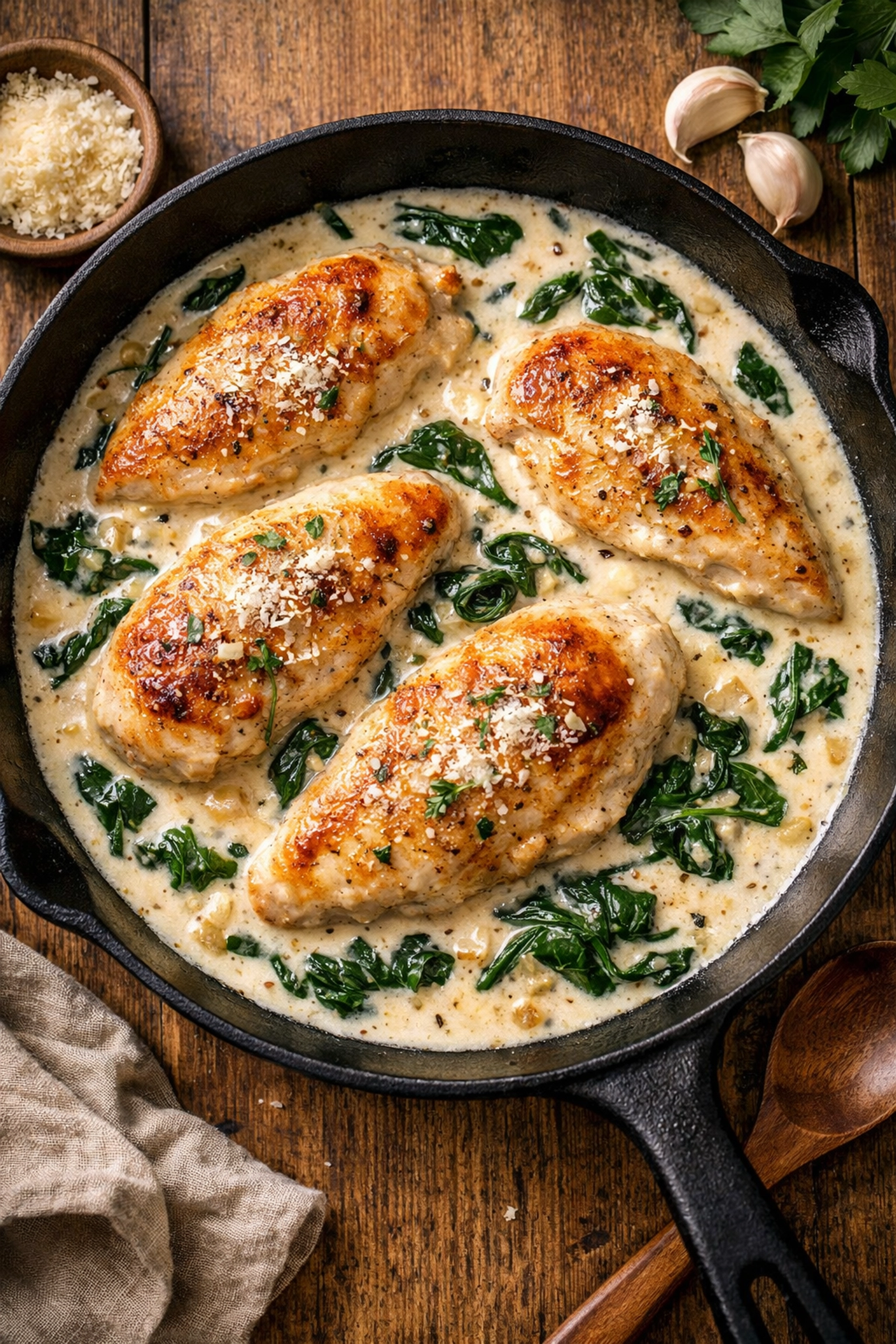 Creamy garlic parmesan chicken with spinach in skillet - easy 5-ingredient weeknight dinner