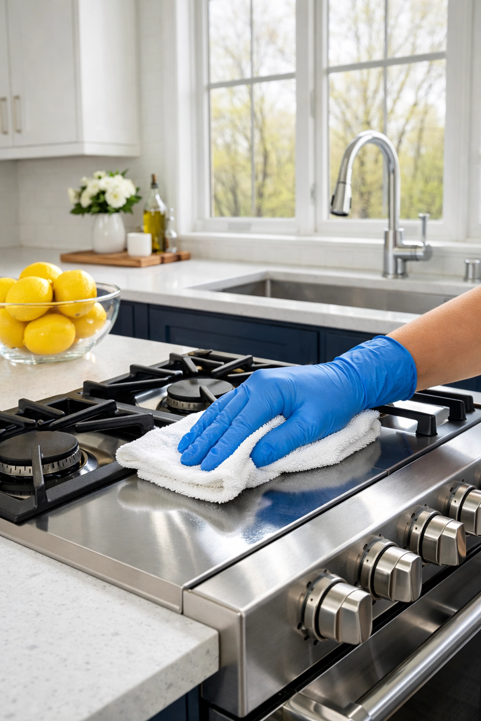 Professional cleaner wiping a luxury kitchen stove during a Spring Cleaning in Massachusetts service.