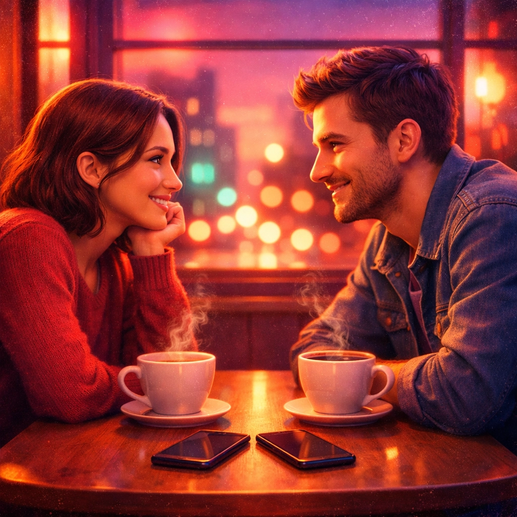 Couple connecting on coffee date with phones face down, focusing on genuine conversation