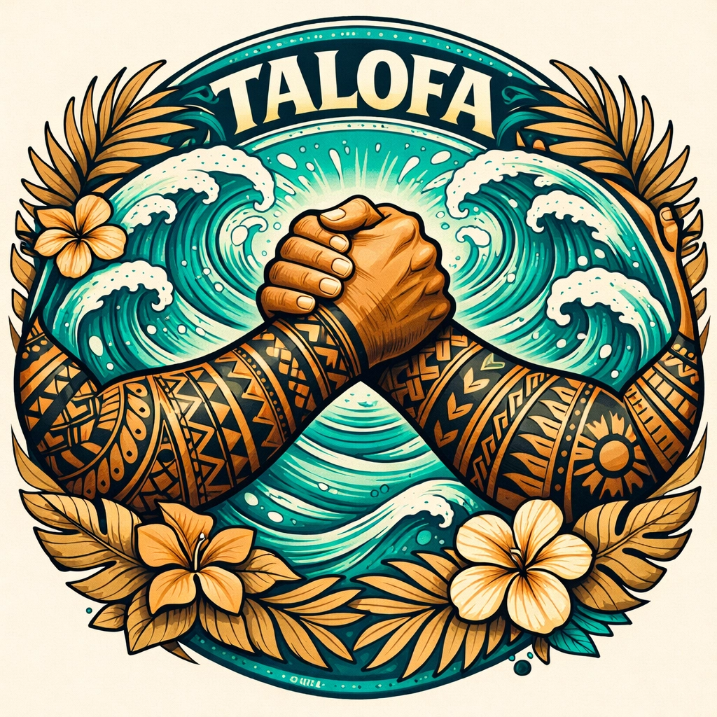 Symbolic handshake with Polynesian tattoos representing unity and the Talofa spirit.