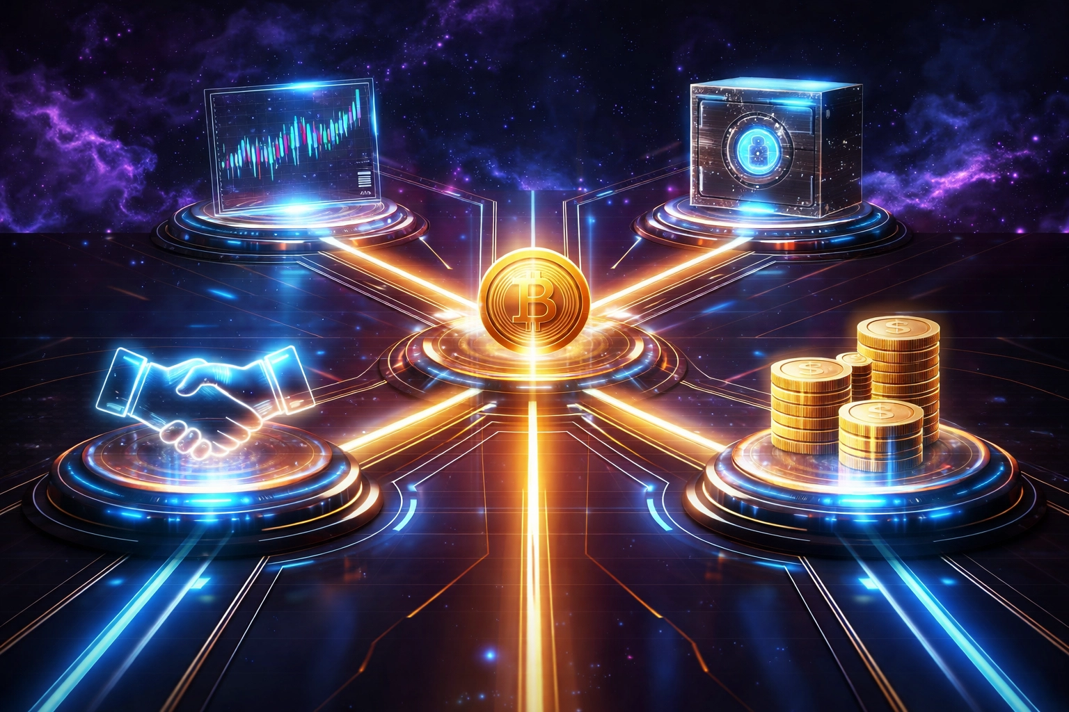 Central coin with glowing financial pathways representing diverse revenue options for receivables tokenization