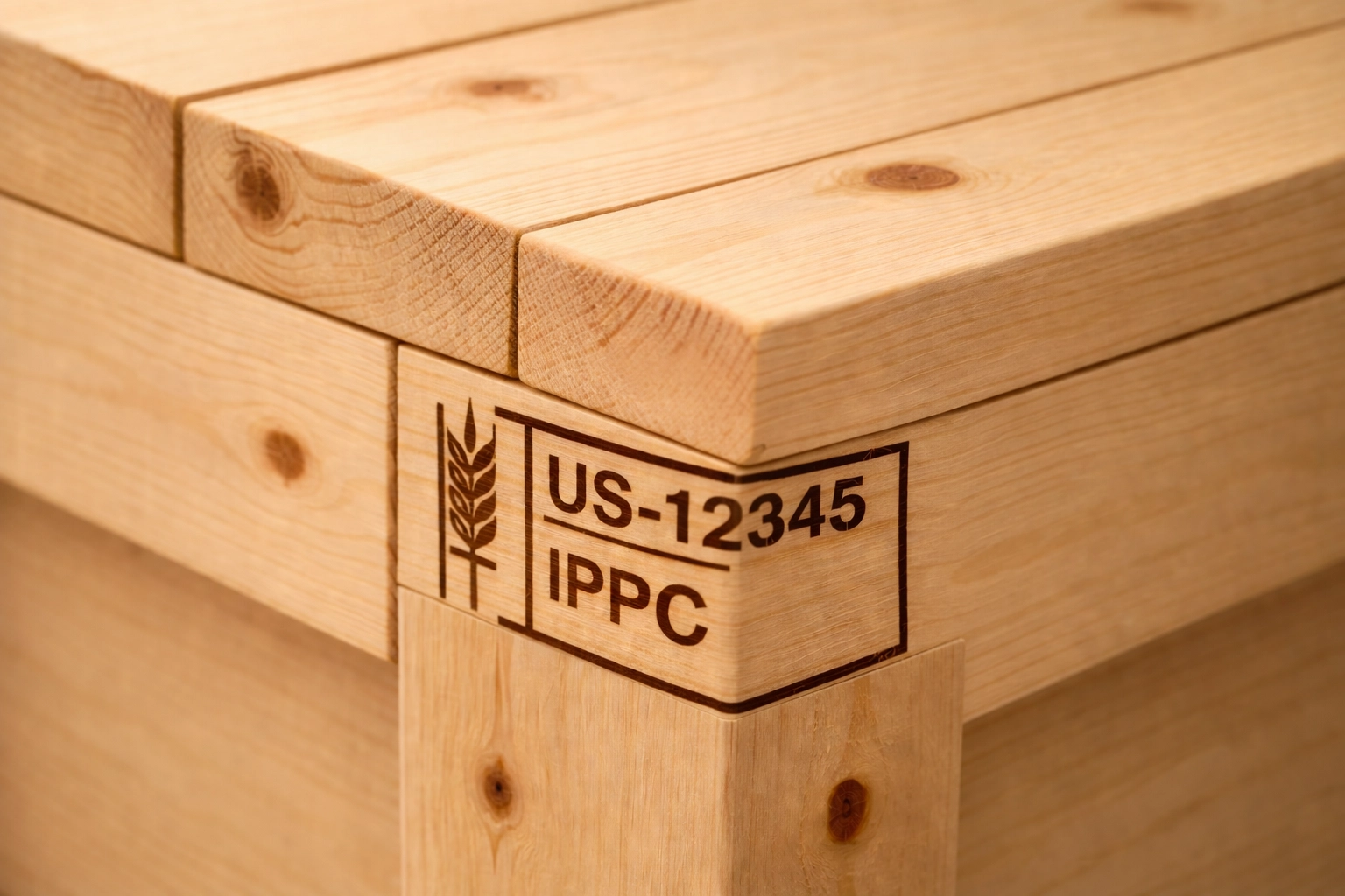 Close-up of ISPM15-certified raw timber wooden export crate corner, highlighting export compliance for international shipping