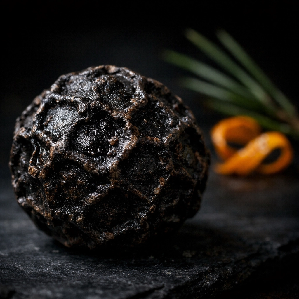 Close-up of a premium Tellicherry Bold black peppercorn showing its large size and rich, wrinkled texture.