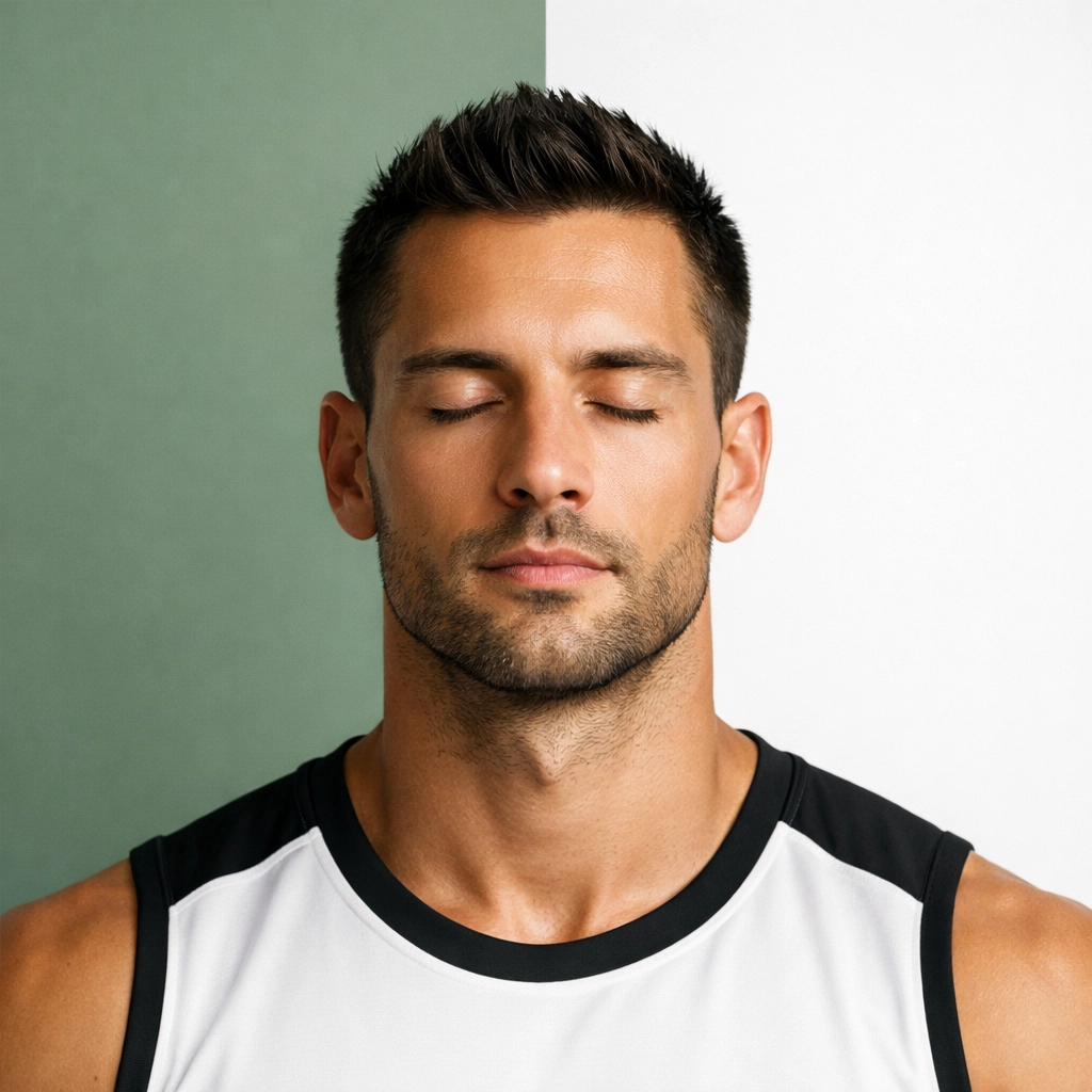 Athlete in deep focus demonstrating the mind-muscle connection and mental clarity for a peak performance flow state.