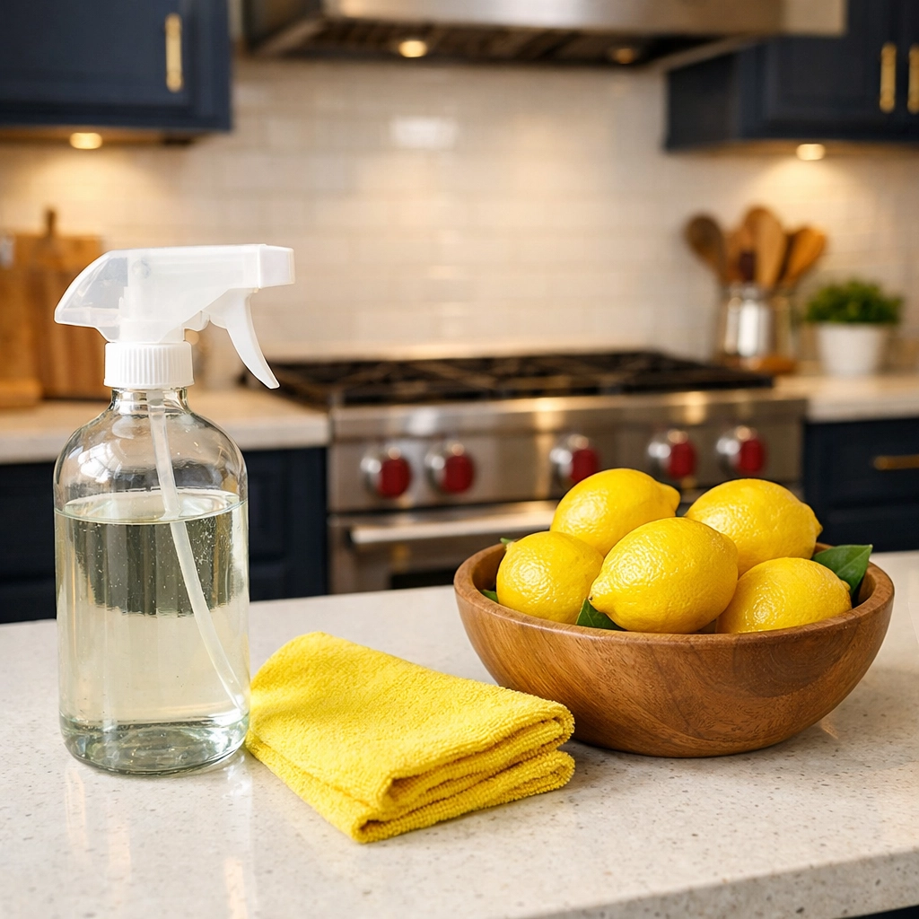 Eco-friendly green cleaning supplies and fresh lemons in a spotless contemporary kitchen.
