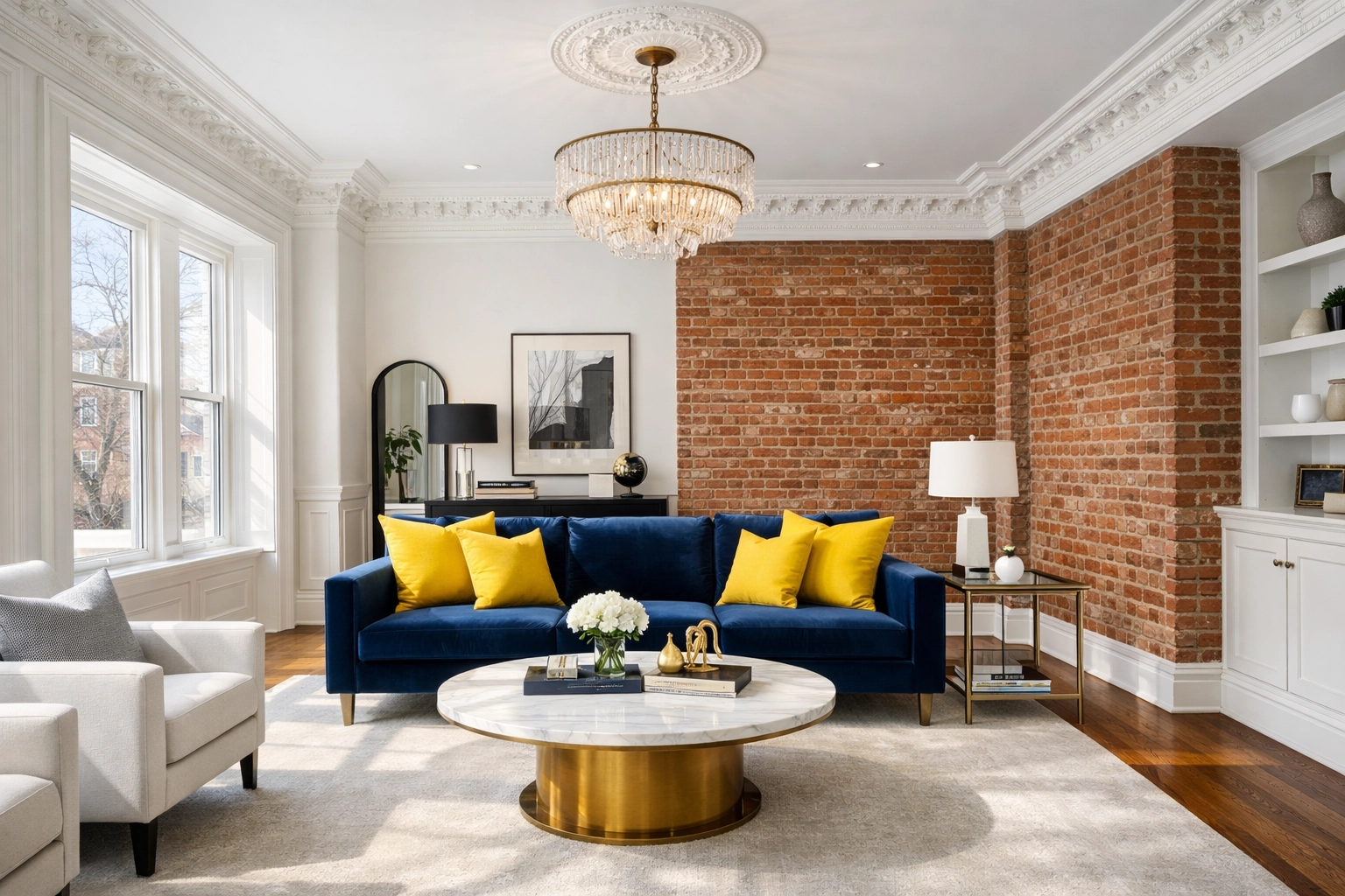 Pristine living room in a Boston brownstone after a professional apartment cleaning session.