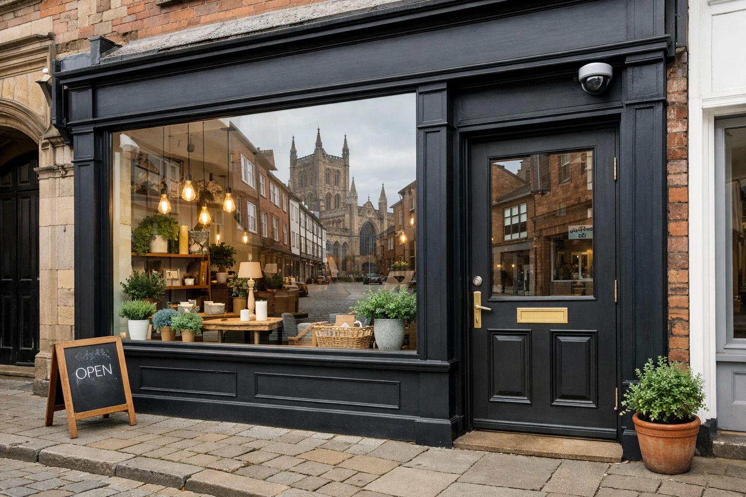Professional commercial CCTV installation on a historic Hereford high street business storefront.