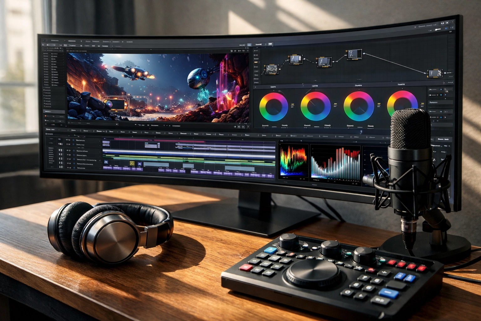 High-end content creation pod featuring a curved monitor, studio microphone, and professional editing tools.