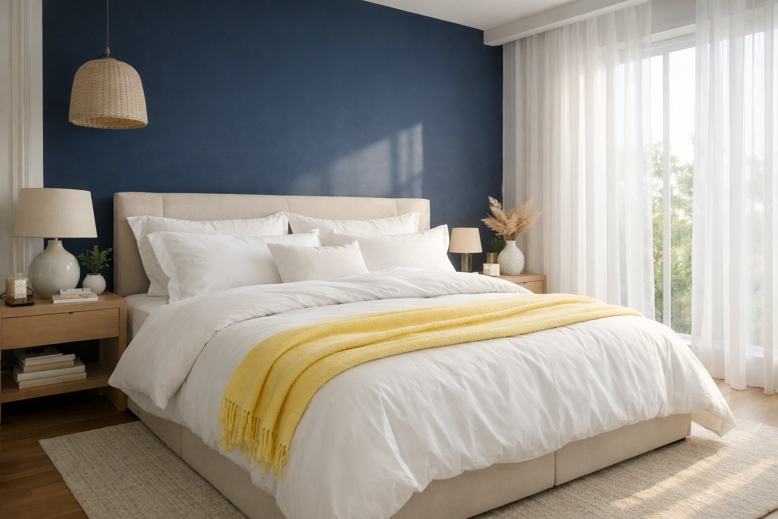 Clean bedroom with hypoallergenic linens to prevent dust mite allergies in the home.